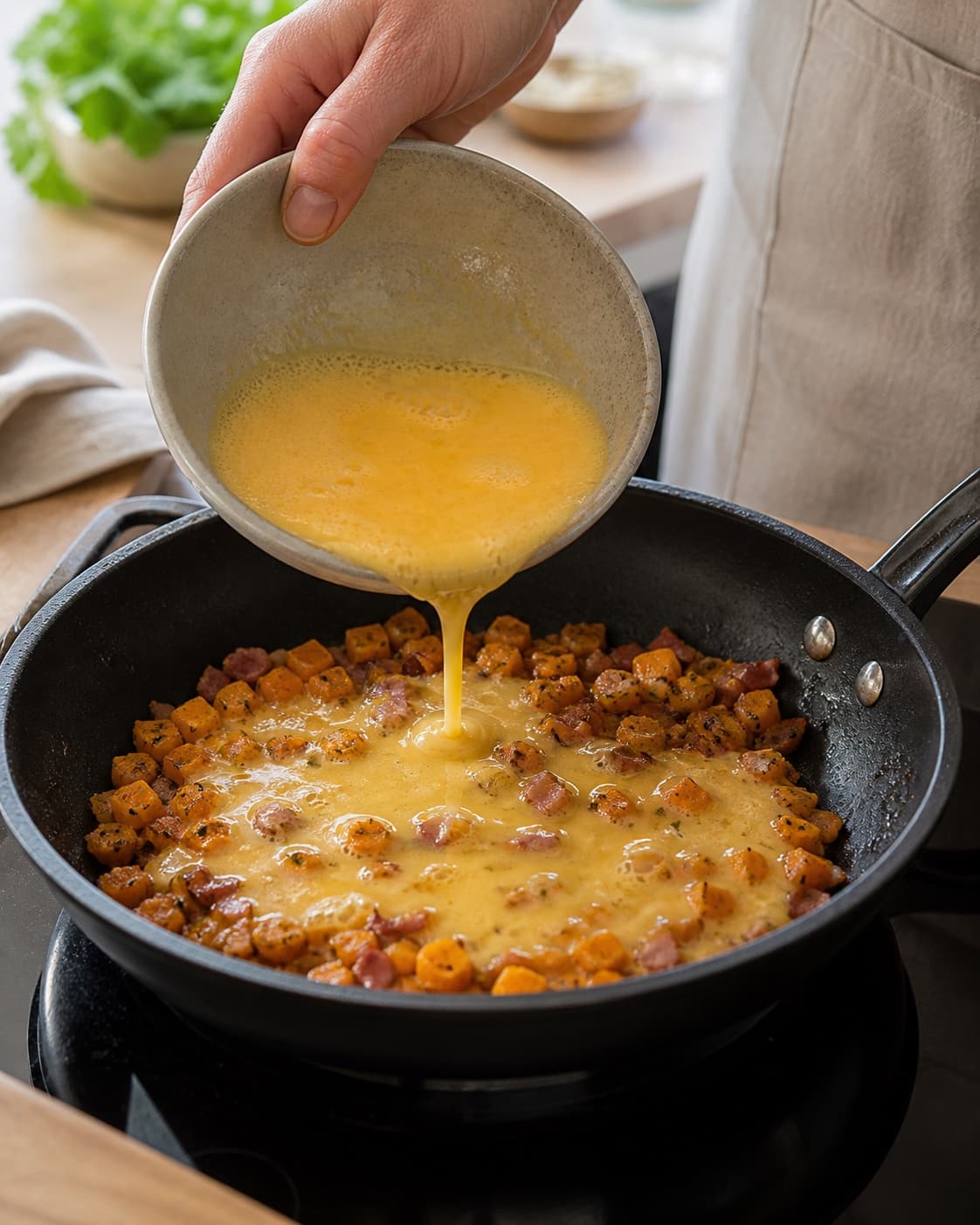 Prepared mixture for spansk tortilla med sød kartoffel og bacon with æg, søde kartofler, bacon, hvedemel under tilberedningen af spansk tortilla med sød kartoffel og bacon