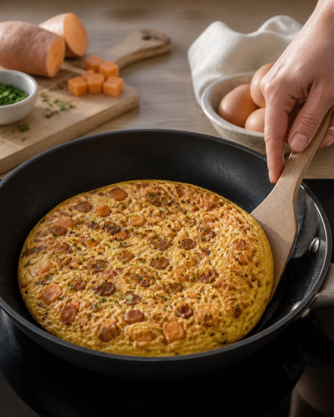 spansk tortilla med sød kartoffel og bacon frying to an even golden crust in a pan under tilberedningen af spansk tortilla med sød kartoffel og bacon