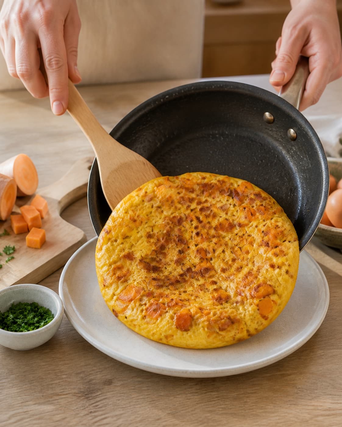 Golden spansk tortilla med sød kartoffel og bacon resting briefly before serving under tilberedningen af spansk tortilla med sød kartoffel og bacon