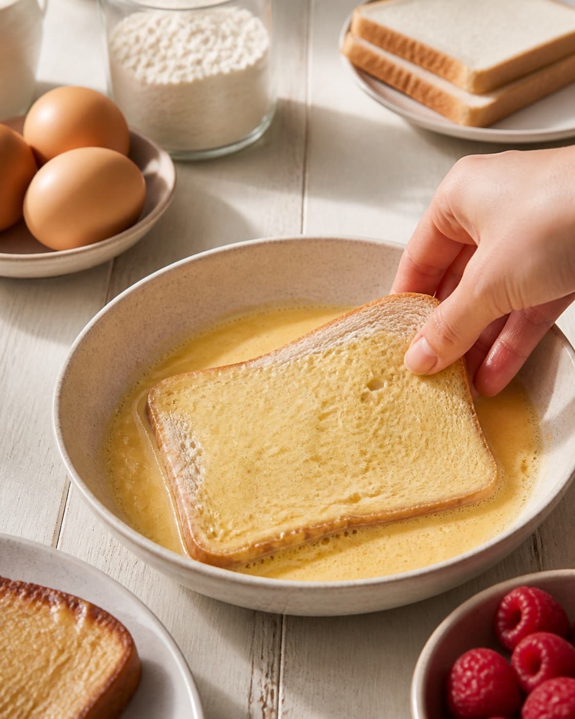 Prepared mixture for arme riddere – french toast med hindbærcreme with hindbær, toastbrød, æg, hvedemel under tilberedningen af arme riddere – french toast med hindbærcreme