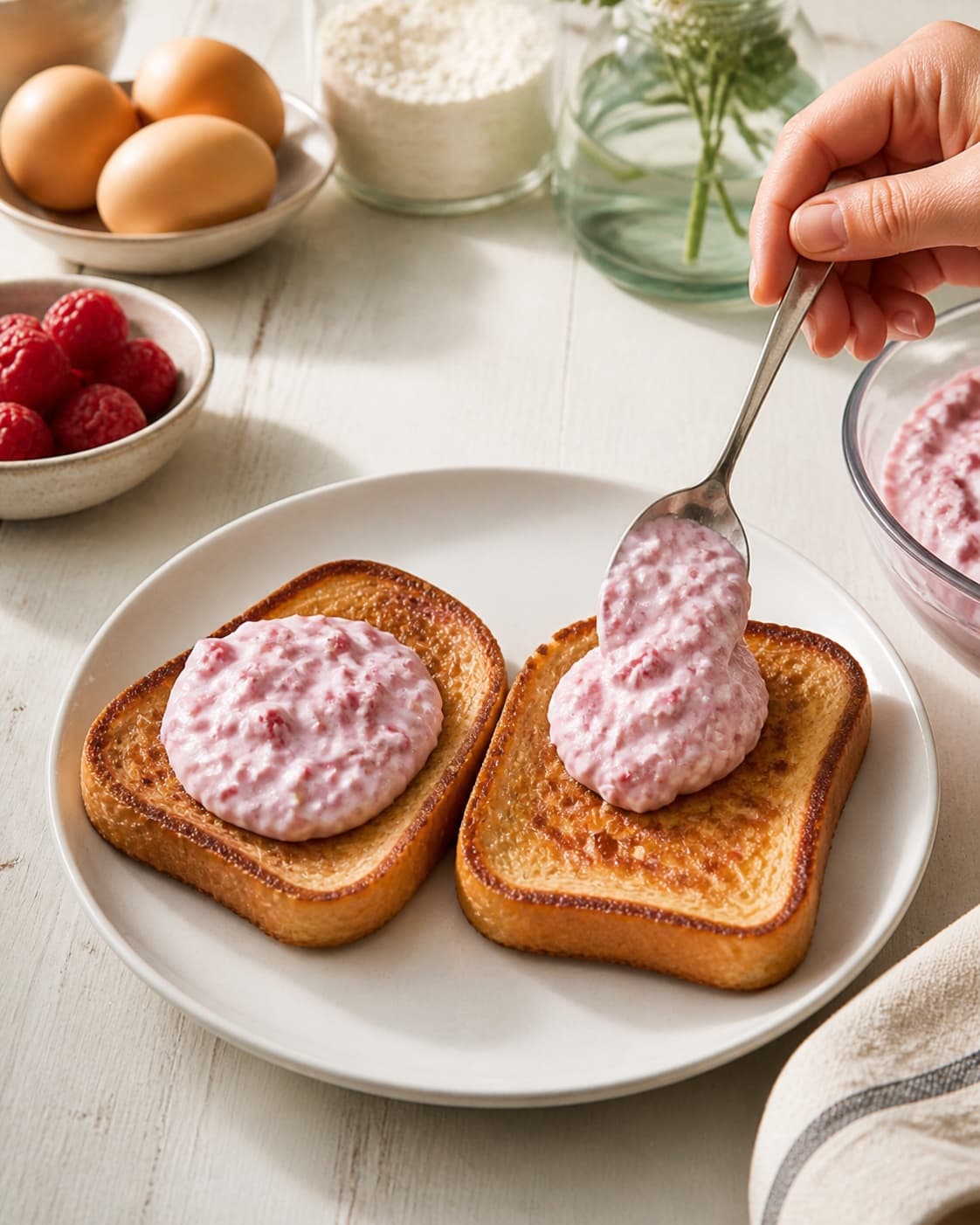 Equal portions of arme riddere – french toast med hindbærcreme being formed under tilberedningen af arme riddere – french toast med hindbærcreme