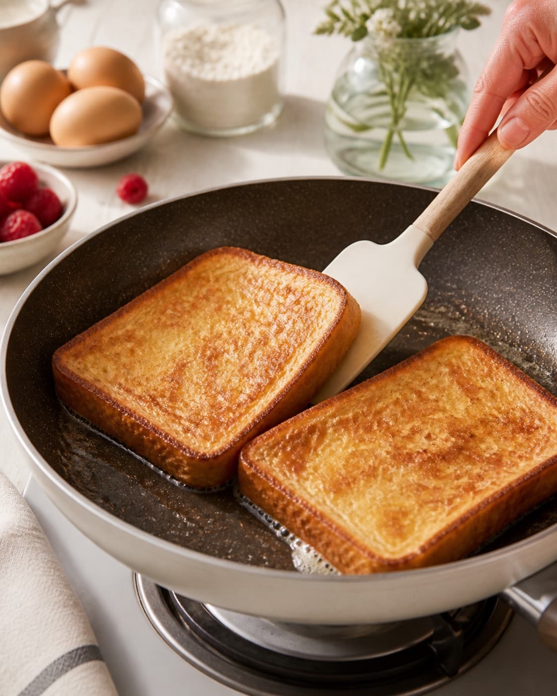 arme riddere – french toast med hindbærcreme frying to an even golden crust in a pan under tilberedningen af arme riddere – french toast med hindbærcreme