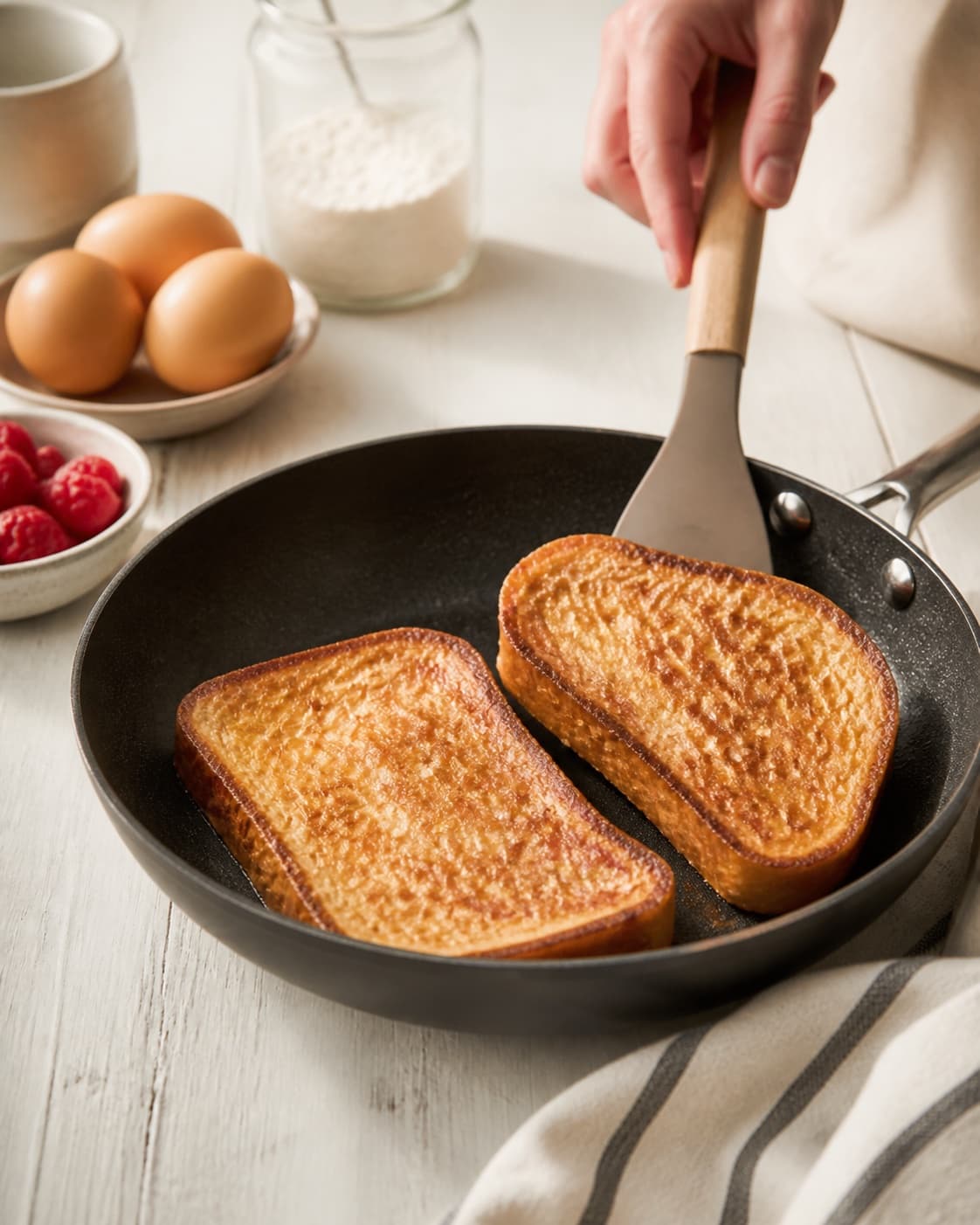 Golden arme riddere – french toast med hindbærcreme resting briefly before serving under tilberedningen af arme riddere – french toast med hindbærcreme