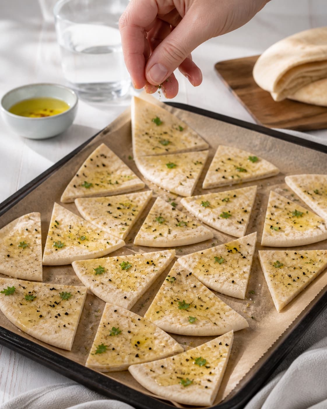 pita chips lavet af pitabrød being evenly seasoned before roasting under tilberedningen af pita chips lavet af pitabrød