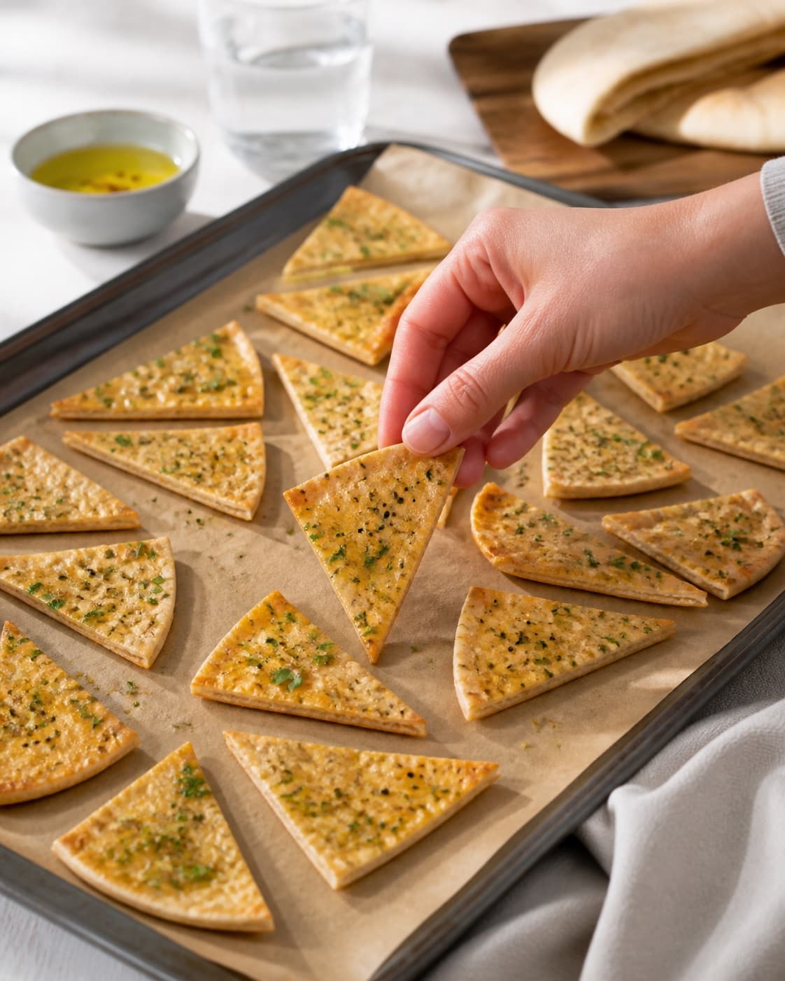 pita chips lavet af pitabrød developing an even golden crust under tilberedningen af pita chips lavet af pitabrød