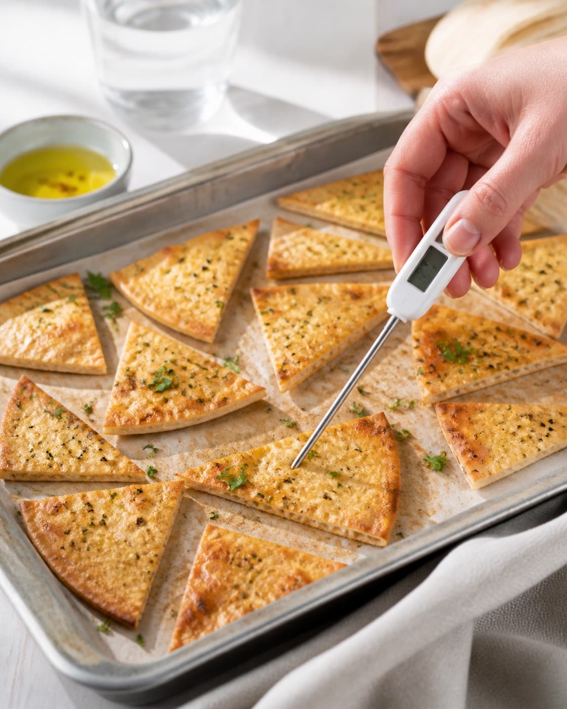 pita chips lavet af pitabrød roasting evenly while its centre temperature is checked under tilberedningen af pita chips lavet af pitabrød