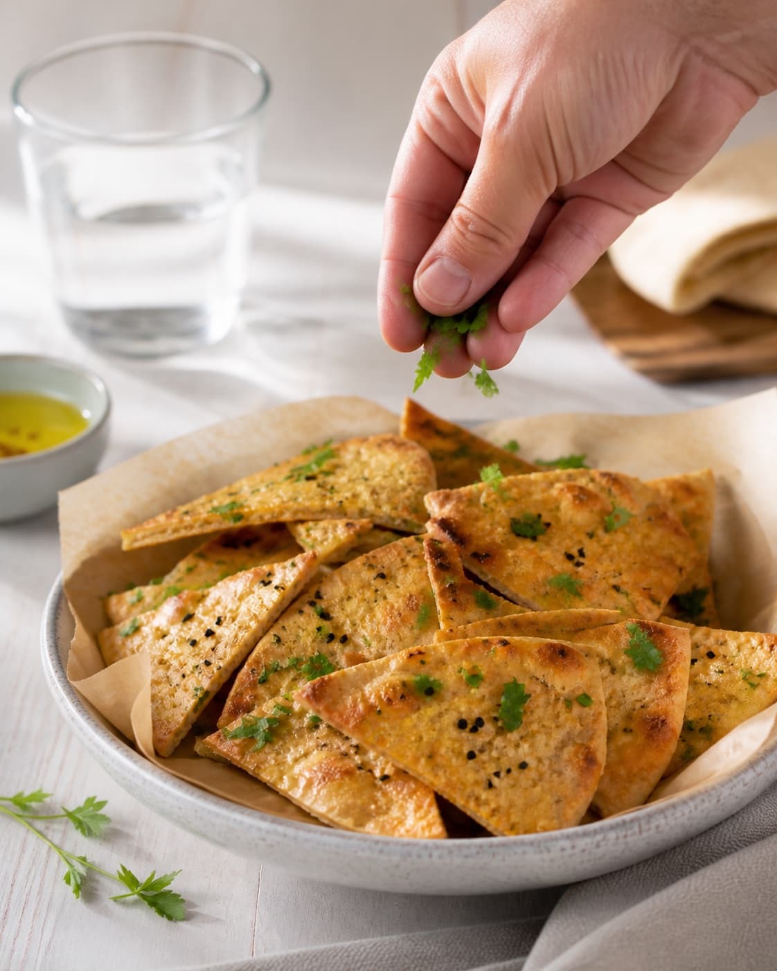 Finished pita chips lavet af pitabrød resting before the final garnish under tilberedningen af pita chips lavet af pitabrød