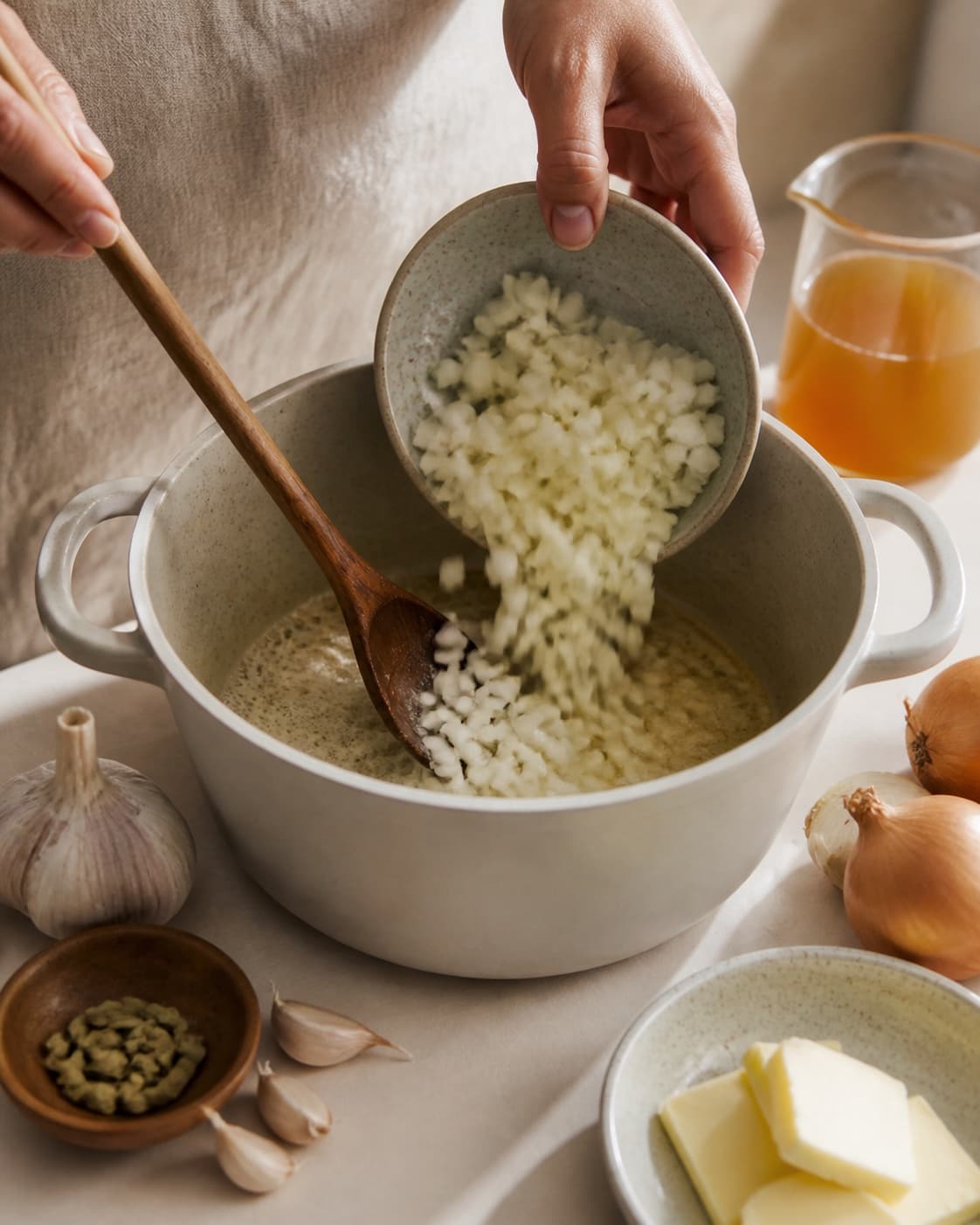 Mise en place for varme hveder with kardemomme, zittauerløg, hvidløg, grøntsags- eller kødfond under tilberedningen af varme hveder