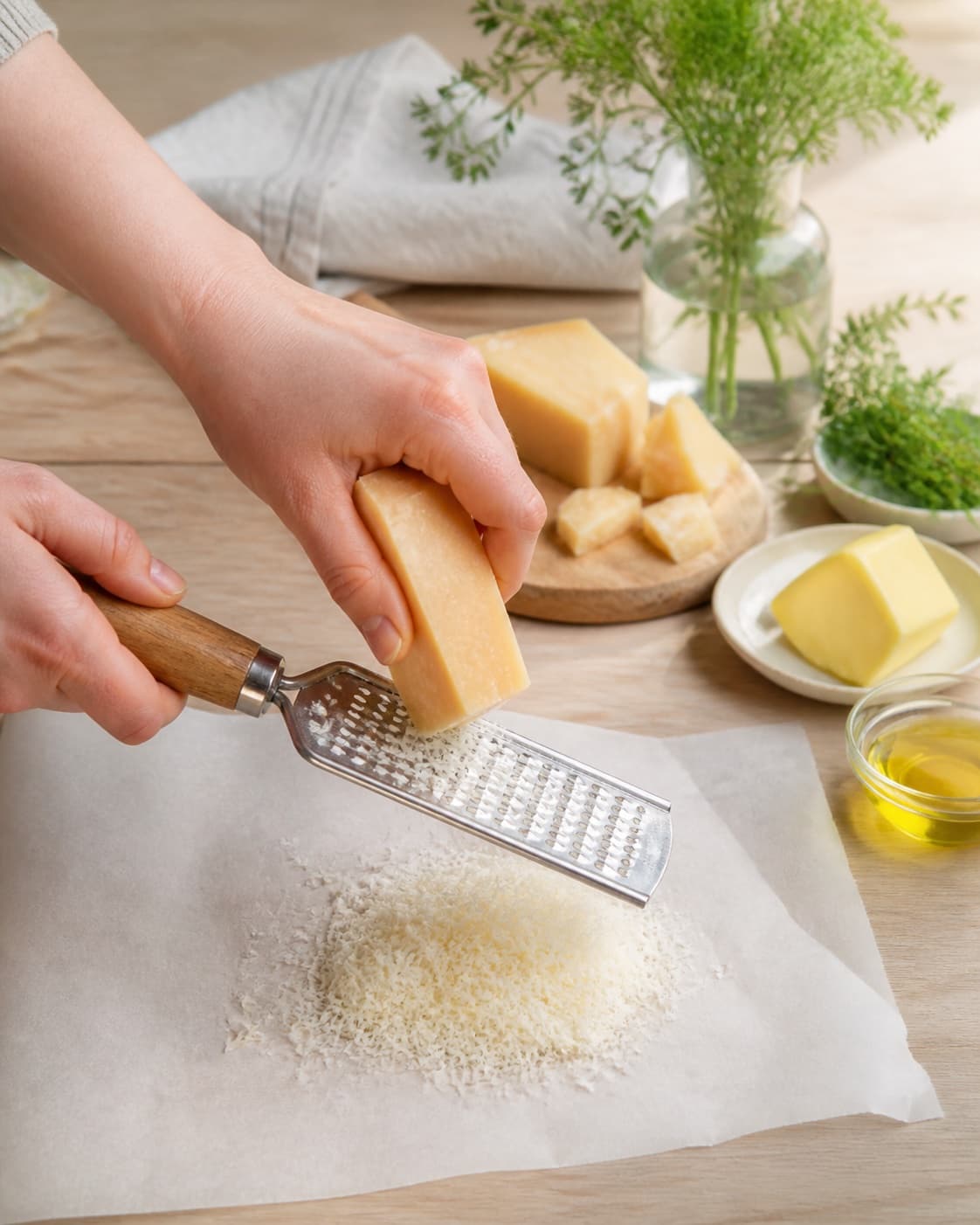 Prepared dry ingredients for 3 opskrifter med osteskorper with lagrede osteskorper, smør, rapsolie, friske krydderurter under tilberedningen af 3 opskrifter med osteskorper