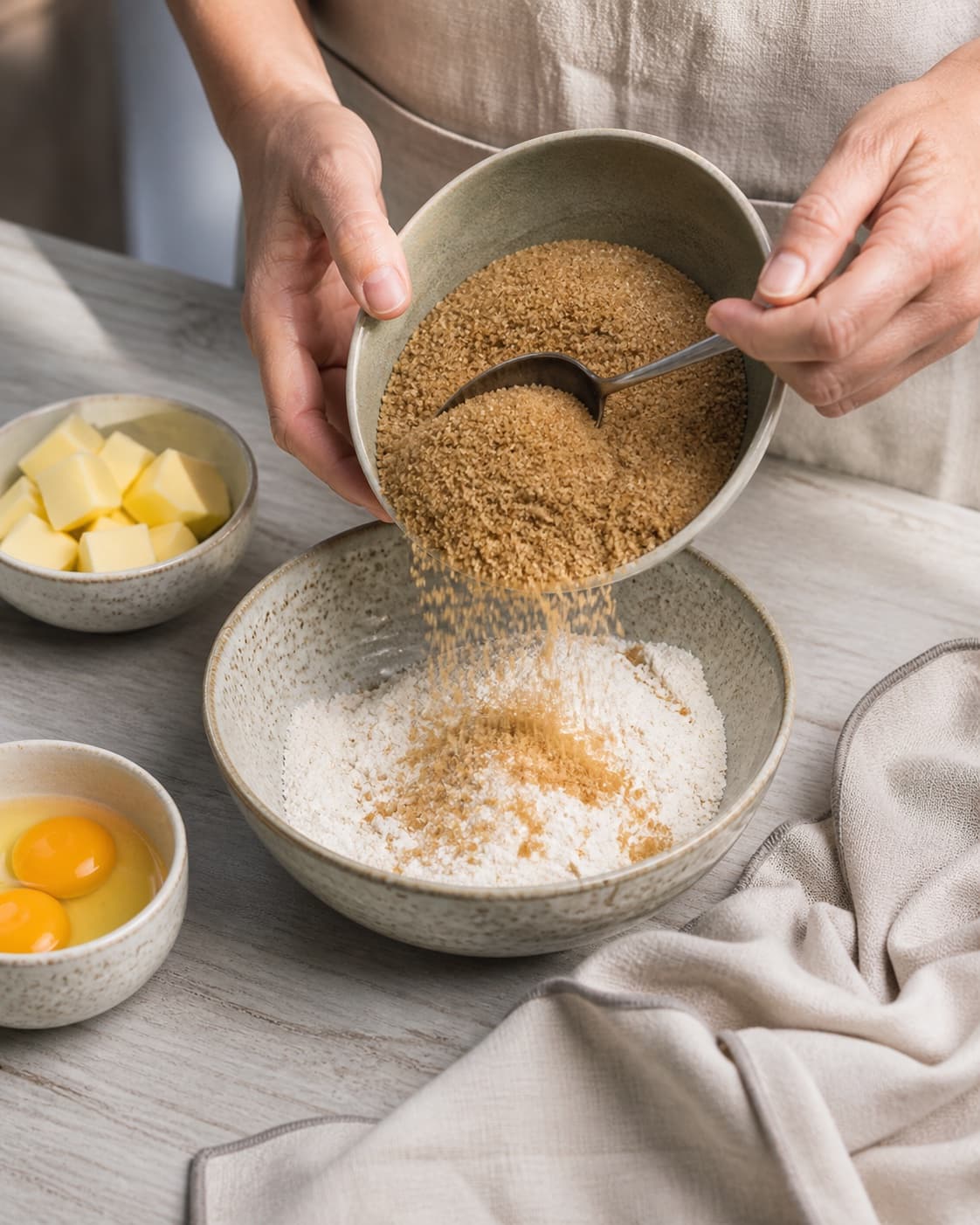 Measured ingredients for hjemmelavet koldskål arranged separately with hvedemel, smør, rørsukker, æg under tilberedningen af hjemmelavet koldskål