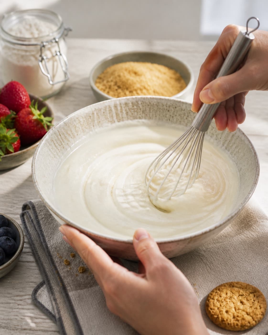 The batter or dough for hjemmelavet koldskål being gently combined under tilberedningen af hjemmelavet koldskål