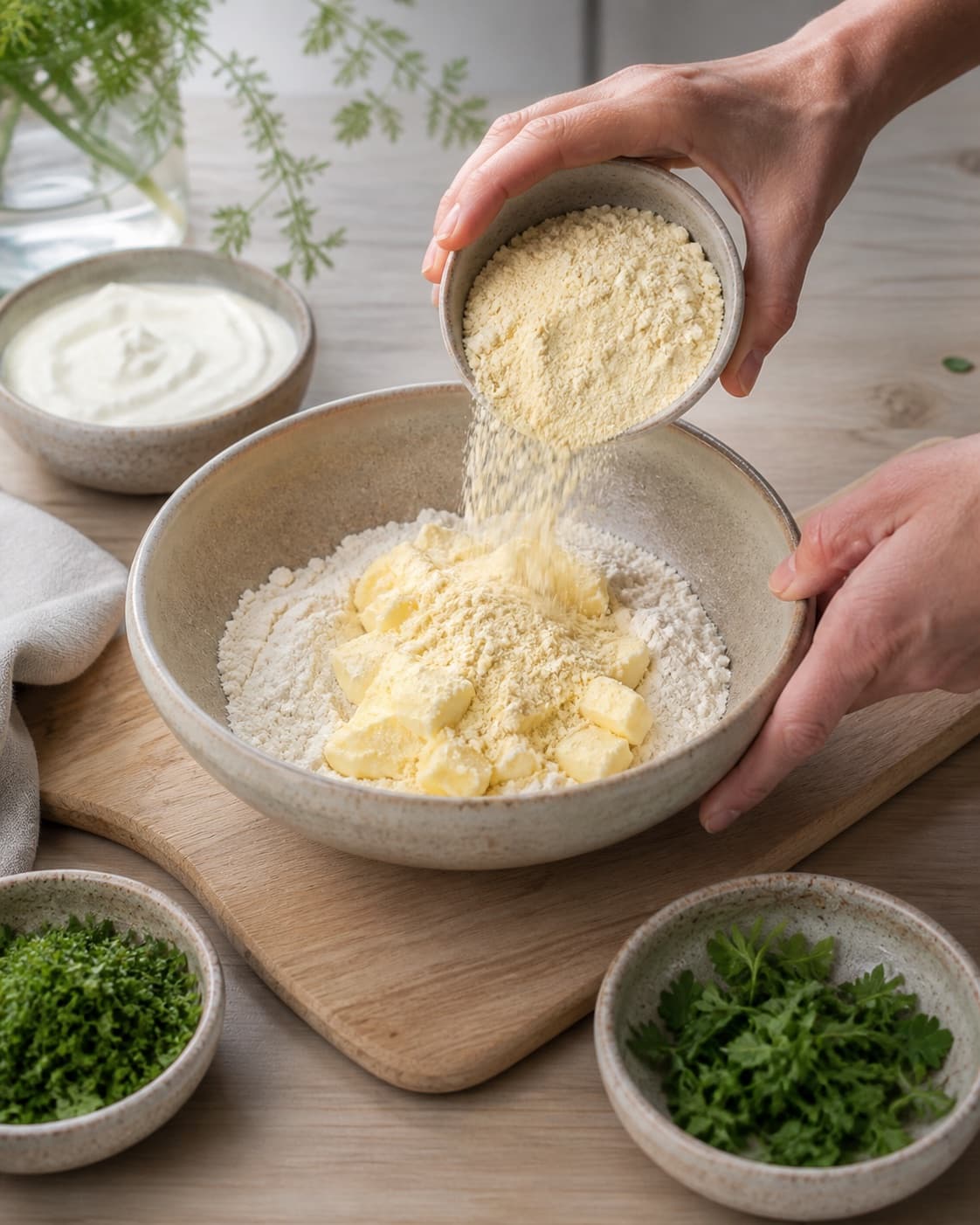 Measured ingredients for tærte uden æg – med friskostcreme og urter arranged separately with naturel friskost, kikærtemel, hvedemel, smør under tilberedningen af tærte uden æg – med friskostcreme og urter
