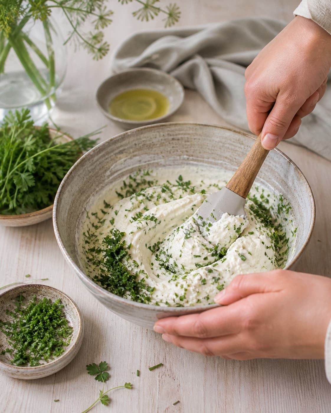 The batter or dough for tærte uden æg – med friskostcreme og urter being gently combined under tilberedningen af tærte uden æg – med friskostcreme og urter