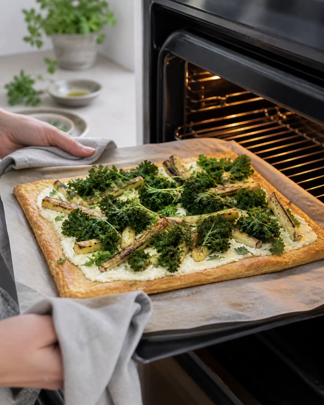 tærte uden æg – med friskostcreme og urter baking until golden with a visibly set centre under tilberedningen af tærte uden æg – med friskostcreme og urter