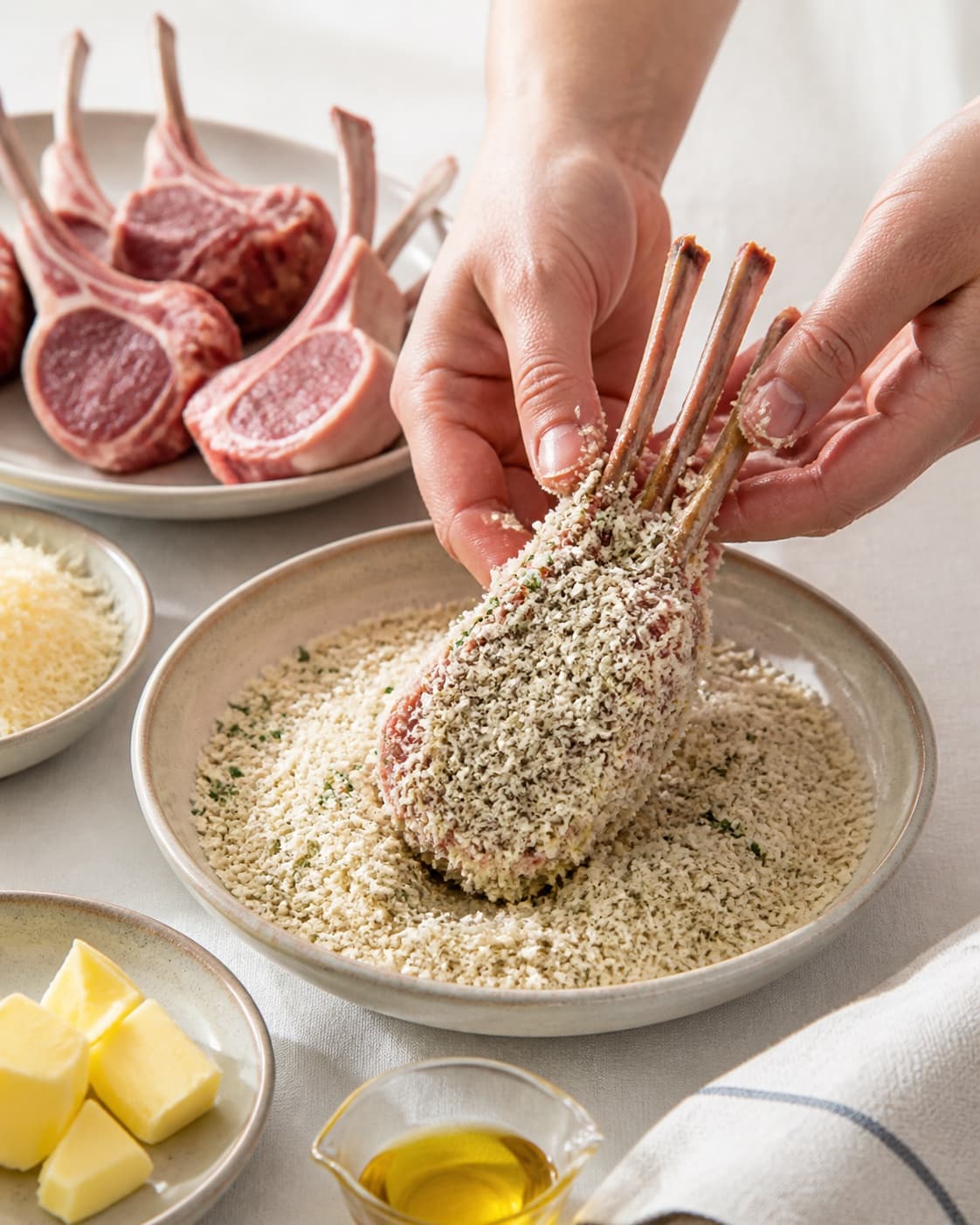 Prepared dry ingredients for panerede lammekrone med ost og rasp with panko, lammekrone, smør, rapsolie under tilberedningen af panerede lammekrone med ost og rasp