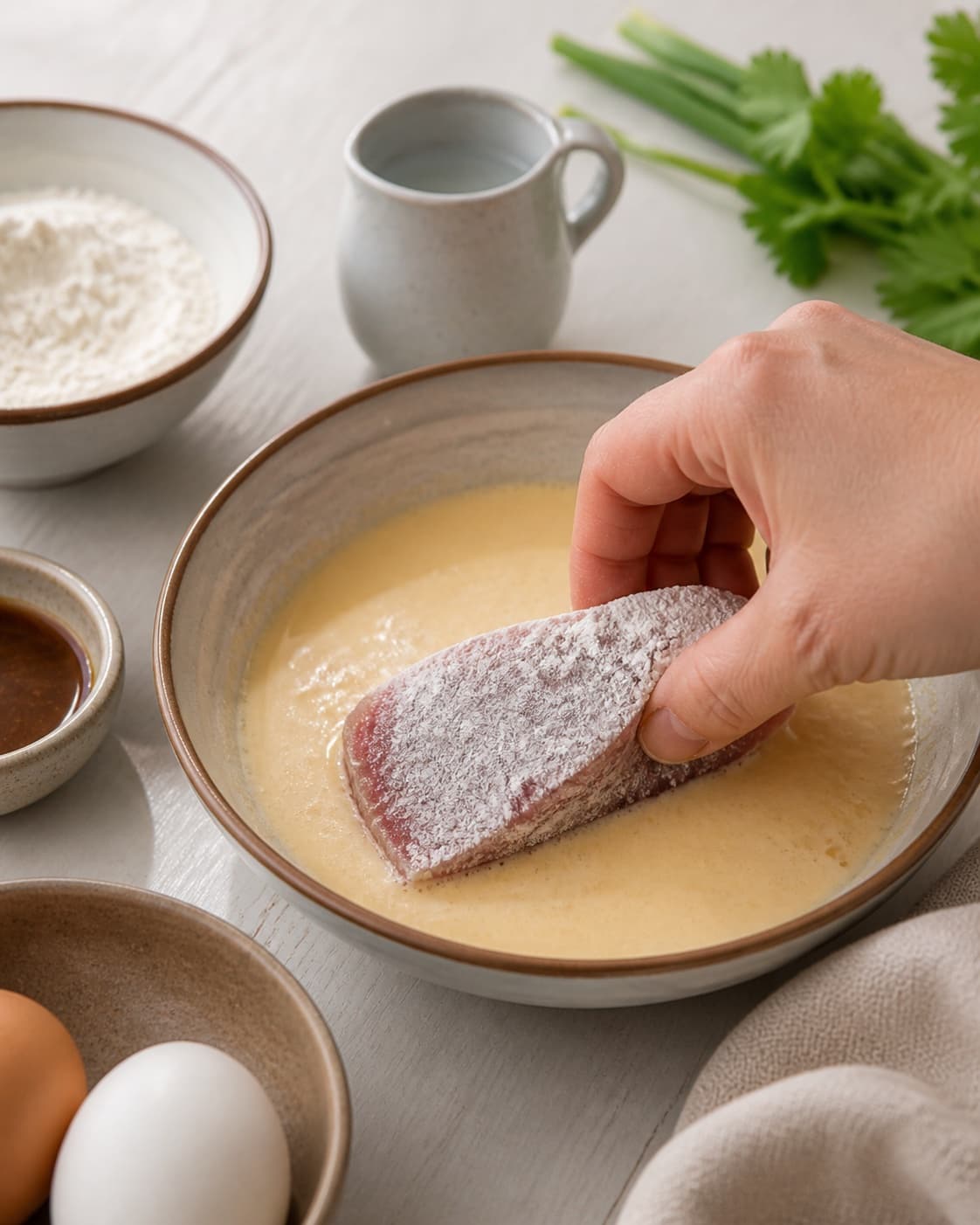 Prepared mixture for lynstegt tun with tunfilet, æg, hvedemel, mælk under tilberedningen af lynstegt tun