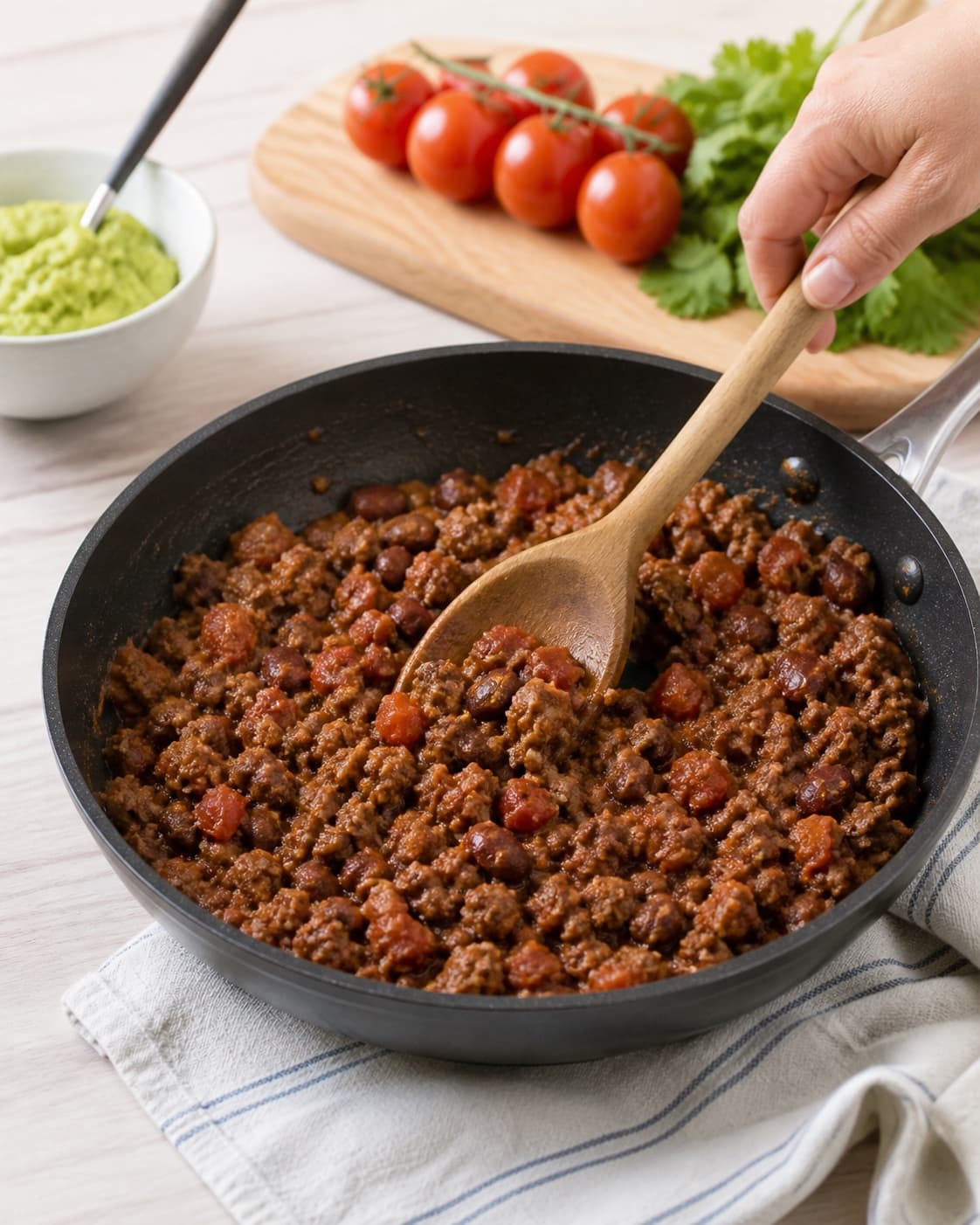 Rested cohesive mixture for tacos med oksekød ready for the pan under tilberedningen af tacos med oksekød