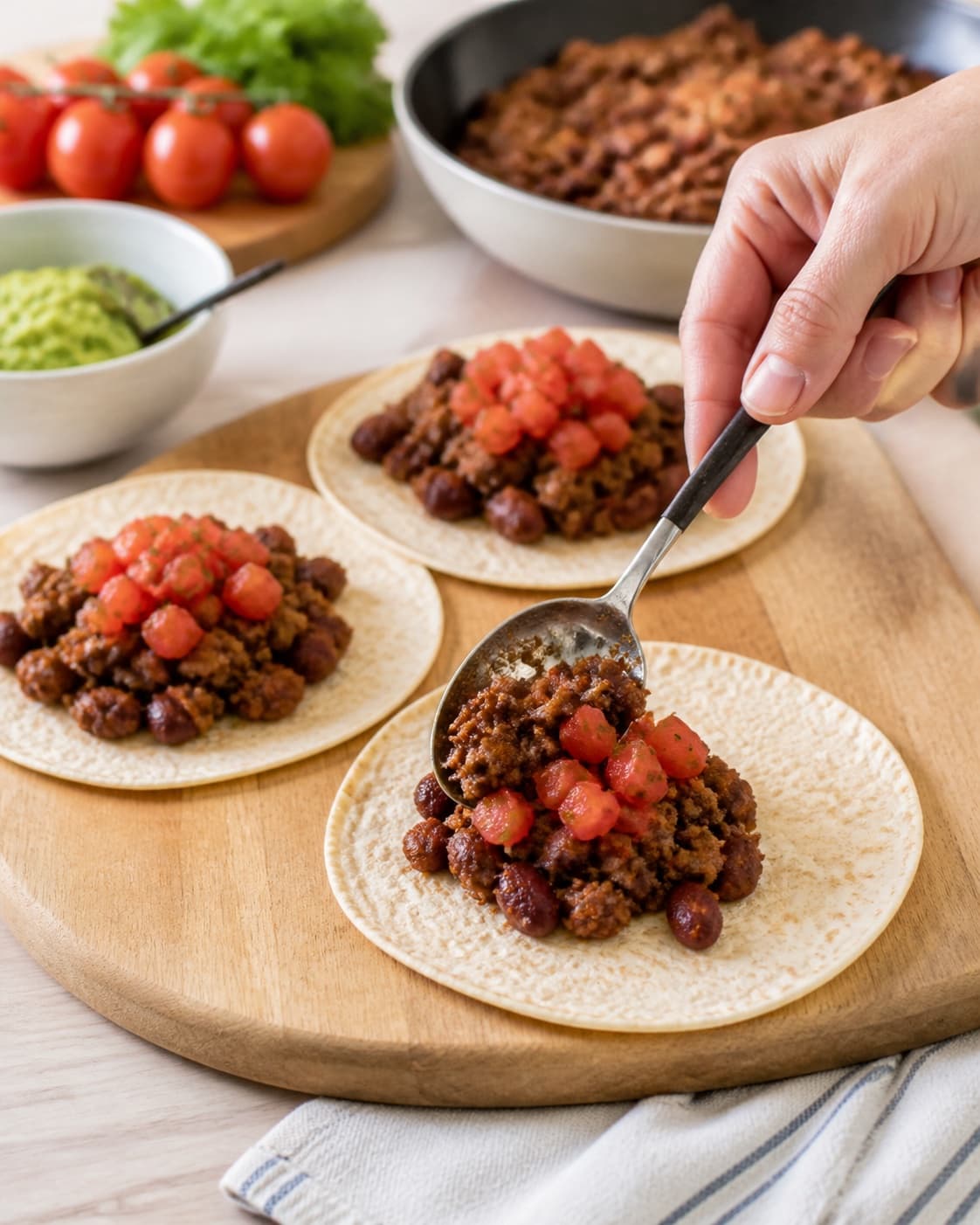 Equal portions of tacos med oksekød being formed under tilberedningen af tacos med oksekød
