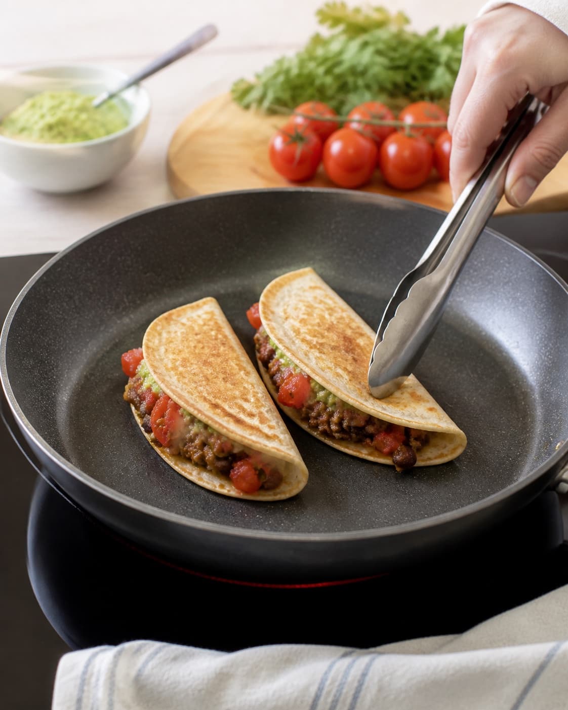 tacos med oksekød frying to an even golden crust in a pan under tilberedningen af tacos med oksekød