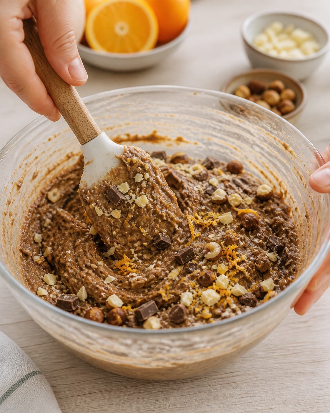 Close view of the moist dough for påskekage – rugbrødslagkage med appelsin og hvid chokolade being mixed in a bowl with mørkt rugbrød, hvid chokolade, økologisk appelsin, mørk chokolade under tilberedningen af påskekage – rugbrødslagkage med appelsin og hvid chokolade