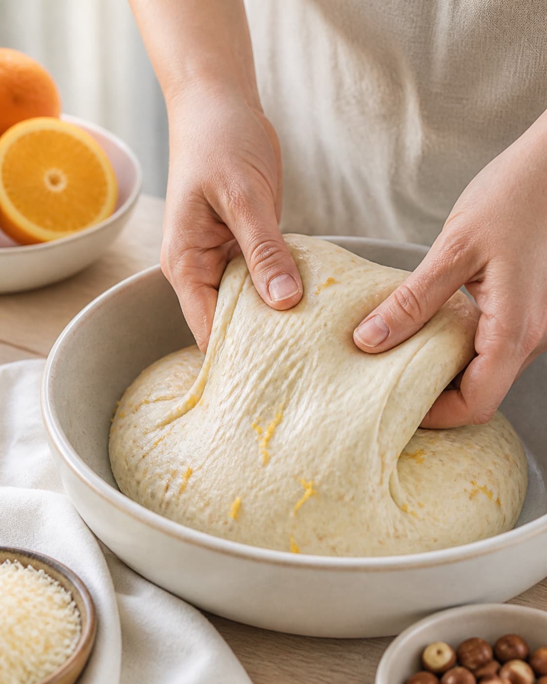 Hands gently folding elastic dough for påskekage – rugbrødslagkage med appelsin og hvid chokolade under tilberedningen af påskekage – rugbrødslagkage med appelsin og hvid chokolade