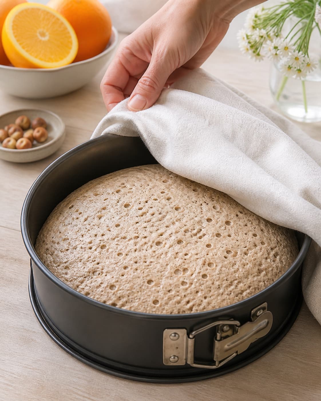 Proofed airy dough for påskekage – rugbrødslagkage med appelsin og hvid chokolade with visible fermentation bubbles under tilberedningen af påskekage – rugbrødslagkage med appelsin og hvid chokolade