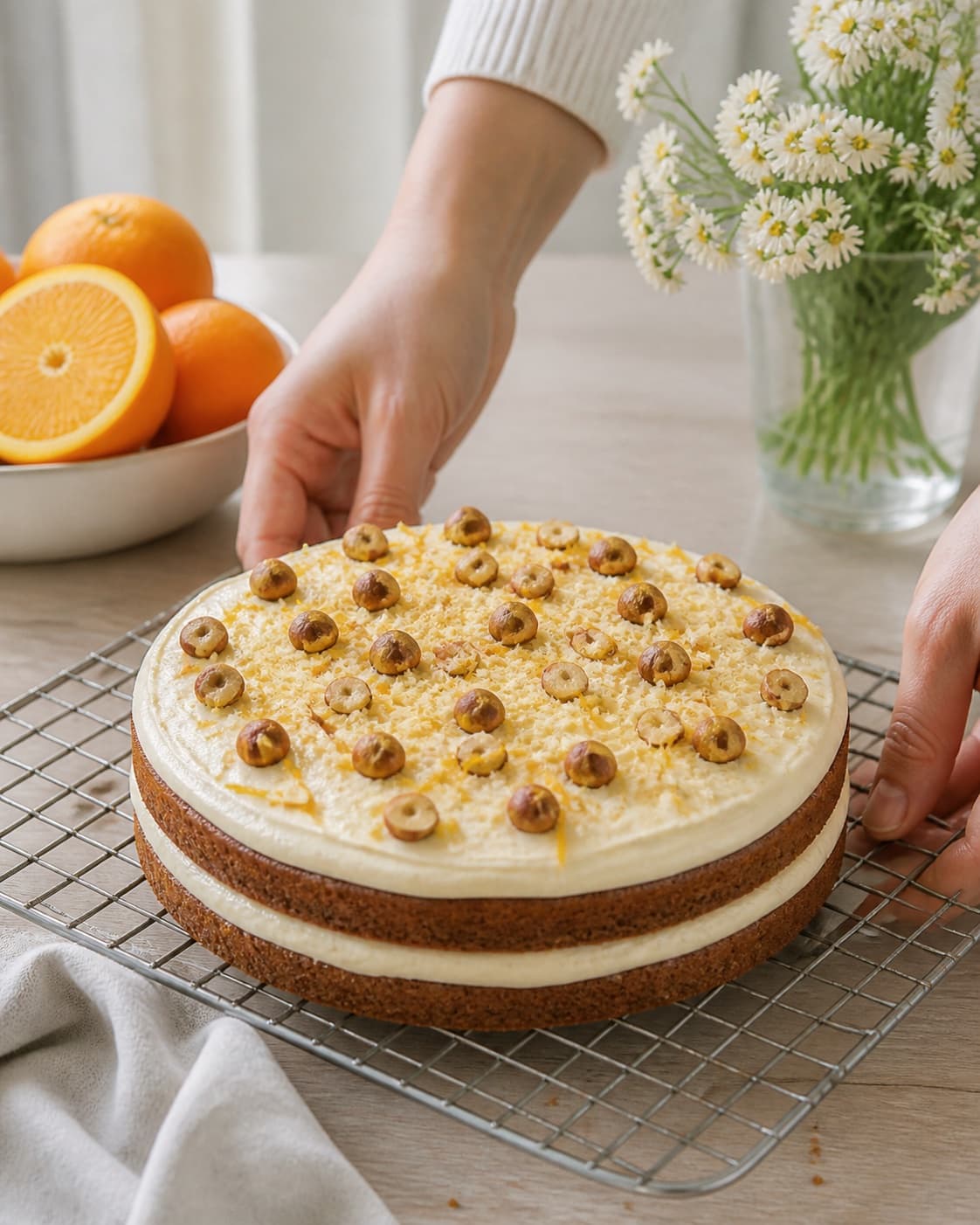 Golden baked påskekage – rugbrødslagkage med appelsin og hvid chokolade cooling on a wire rack under tilberedningen af påskekage – rugbrødslagkage med appelsin og hvid chokolade