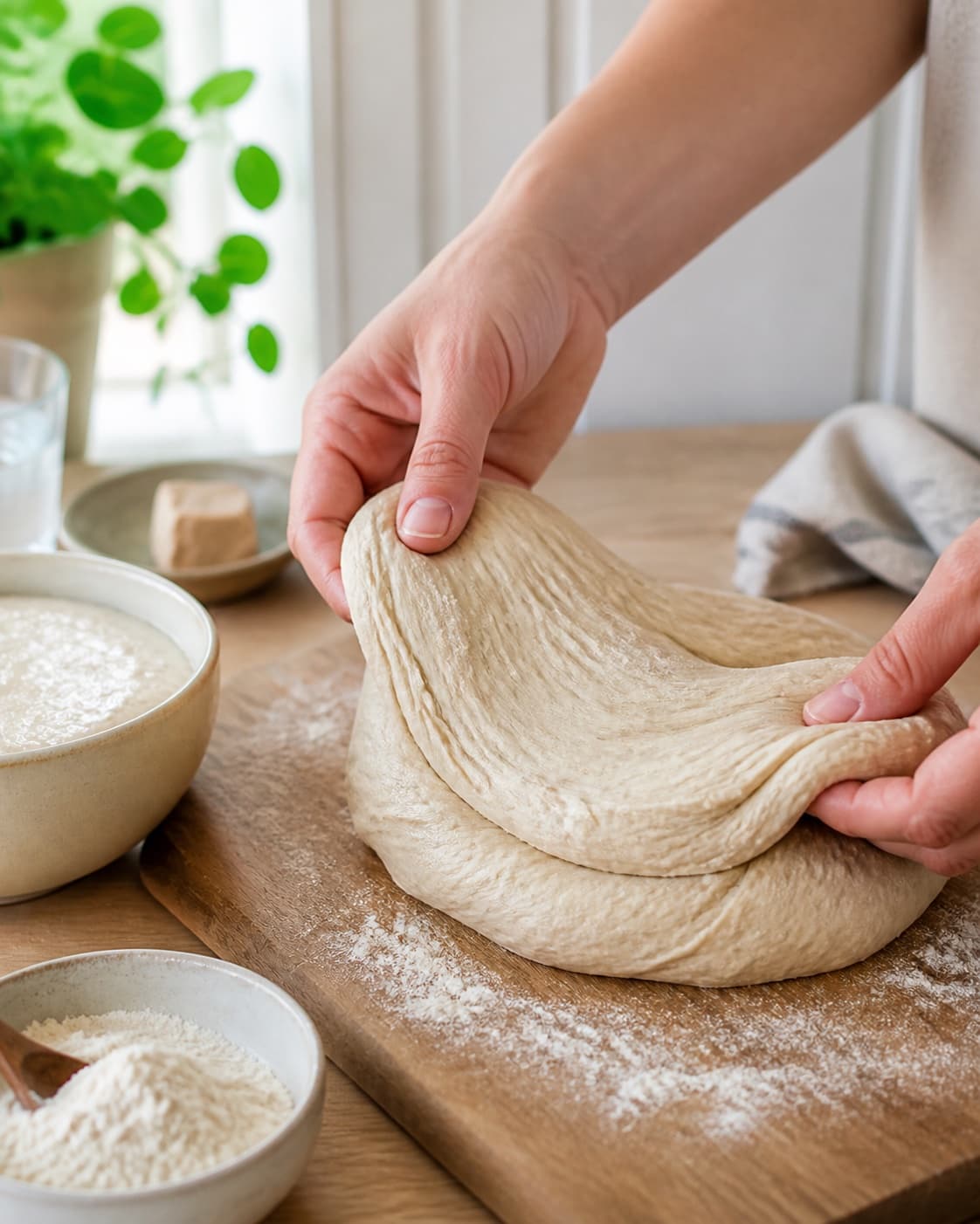 Hands gently folding elastic dough for toastbrød – bagt med surdej under tilberedningen af toastbrød – bagt med surdej