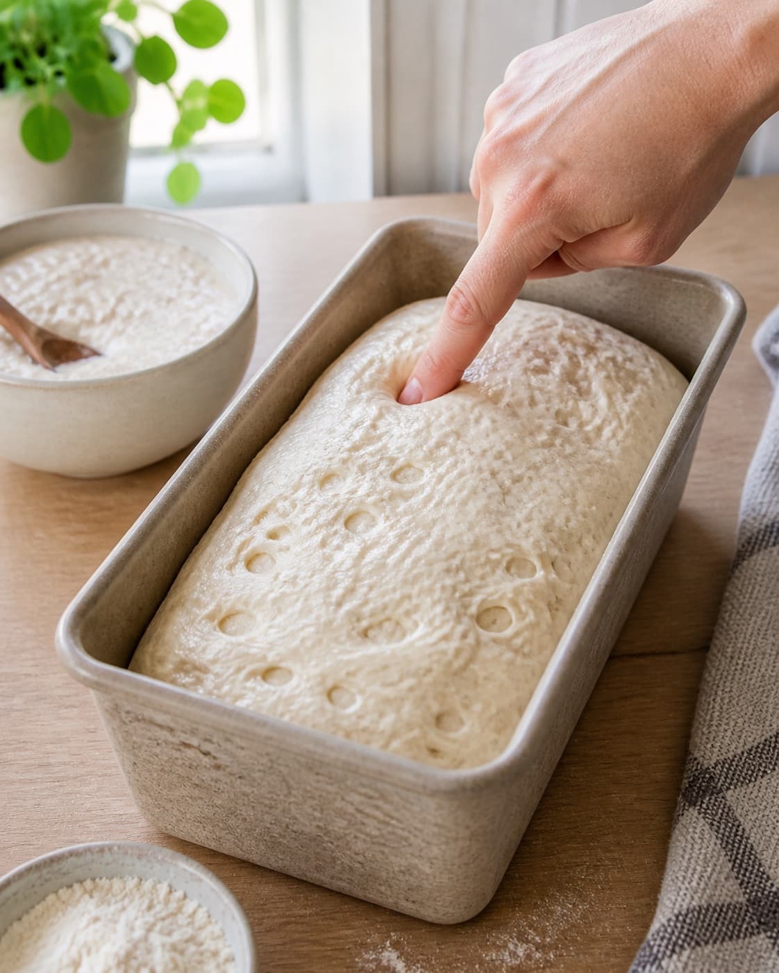Proofed airy dough for toastbrød – bagt med surdej with visible fermentation bubbles under tilberedningen af toastbrød – bagt med surdej
