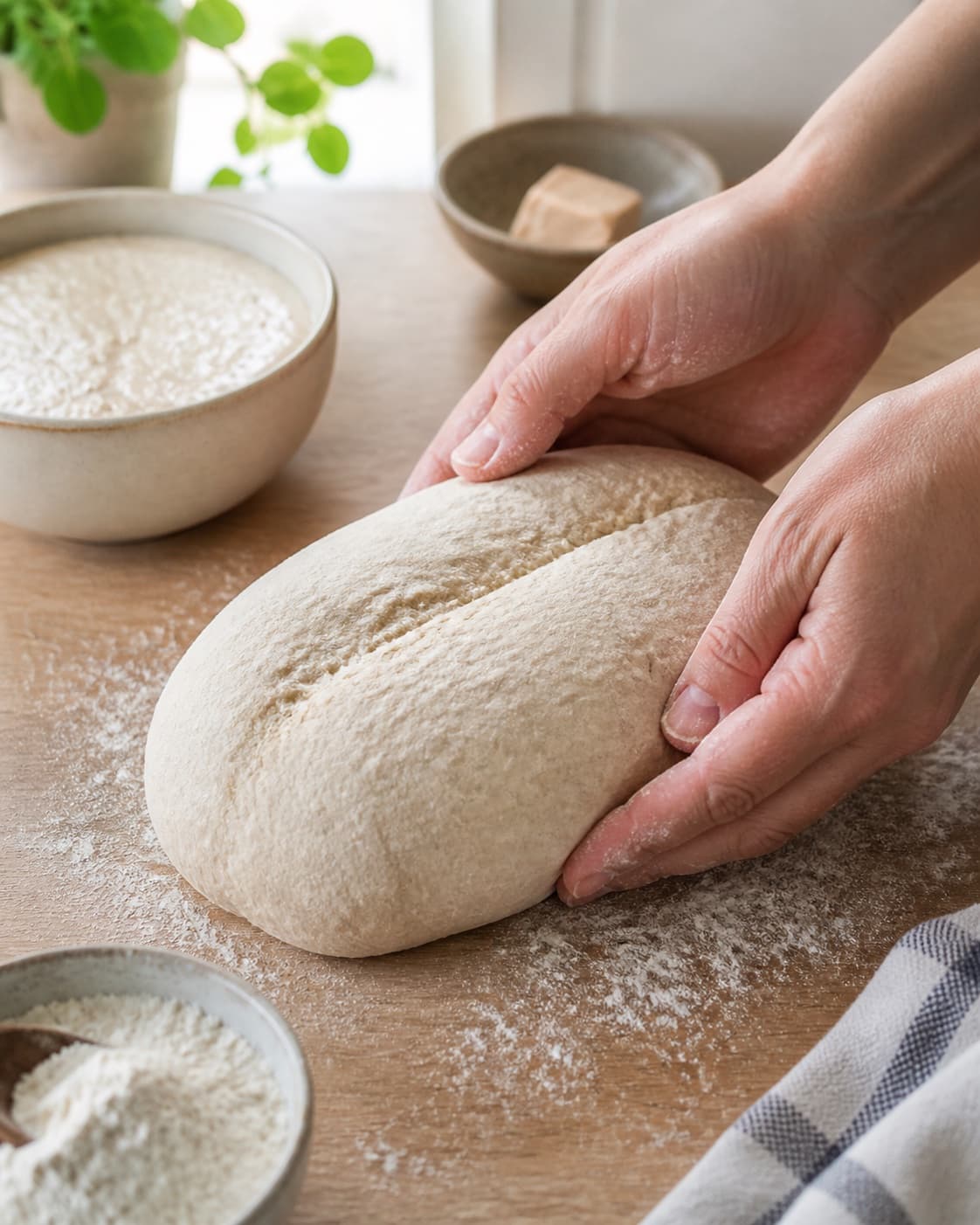 Even pieces of toastbrød – bagt med surdej being shaped before baking under tilberedningen af toastbrød – bagt med surdej