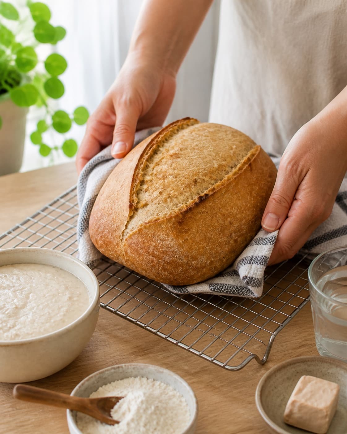 Golden baked toastbrød – bagt med surdej cooling on a wire rack under tilberedningen af toastbrød – bagt med surdej