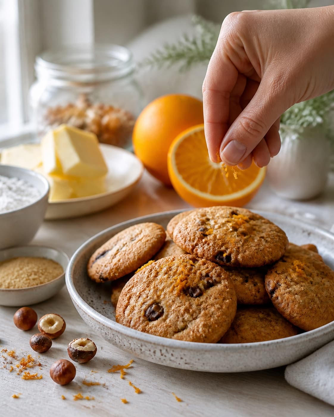 Finished cookies med nødder og appelsin receiving its final garnish after cooling under tilberedningen af cookies med nødder og appelsin
