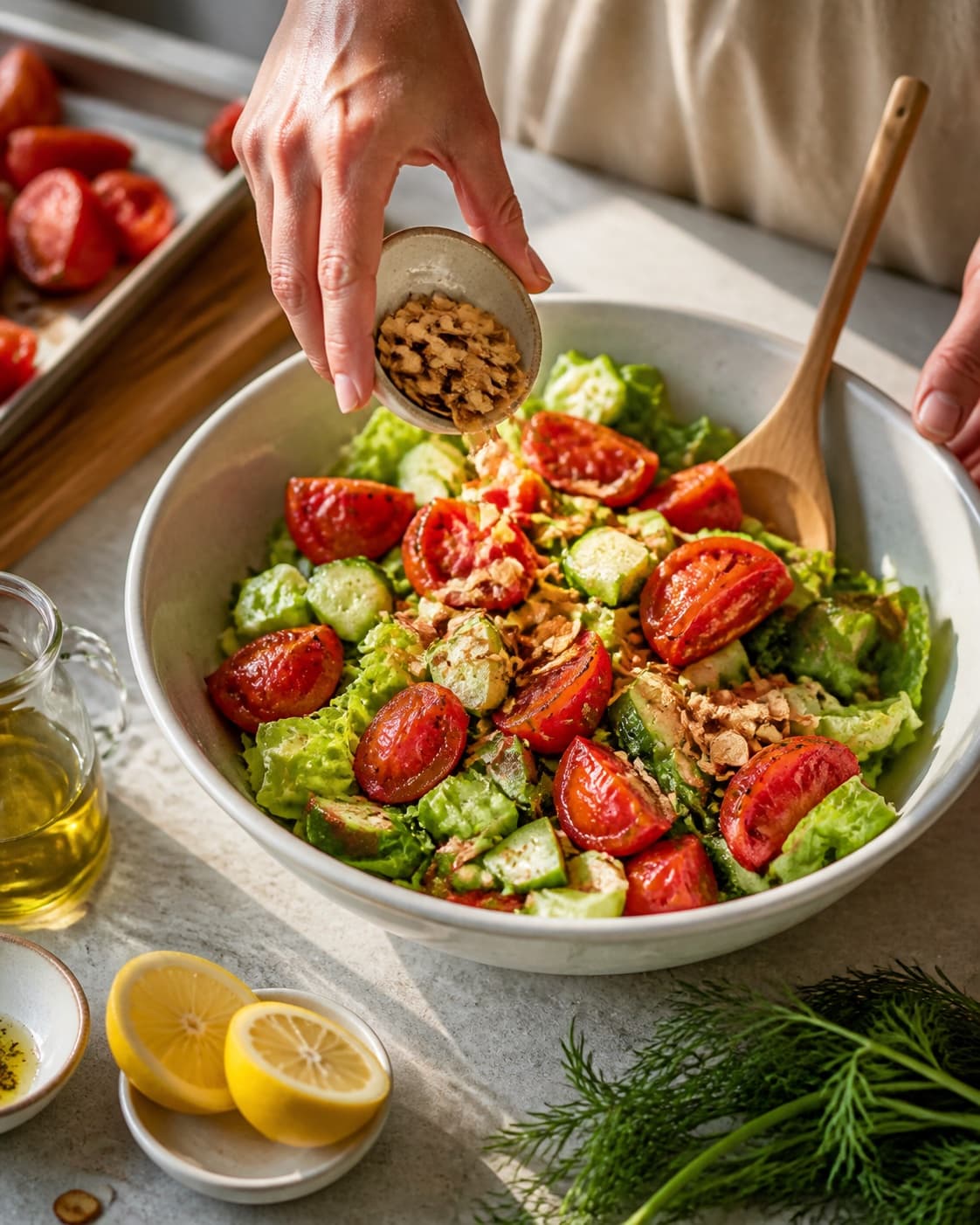 Clean prepared ingredients for salat med bagte tomater og ristede mandler with modne tomater, mandler, økologisk citron, ekstra jomfruolivenolie under tilberedningen af salat med bagte tomater og ristede mandler