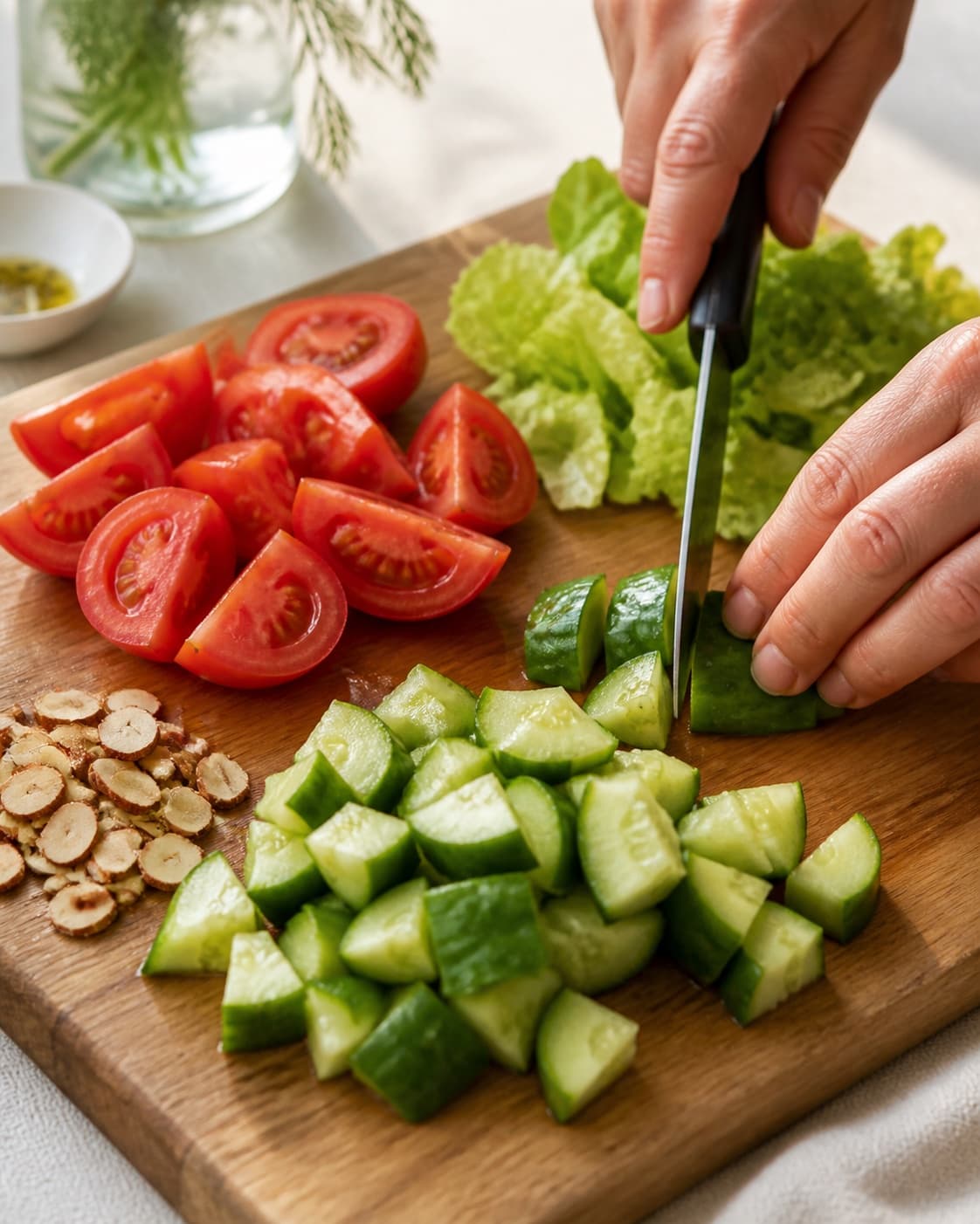 Ingredients for salat med bagte tomater og ristede mandler being cut into even pieces under tilberedningen af salat med bagte tomater og ristede mandler
