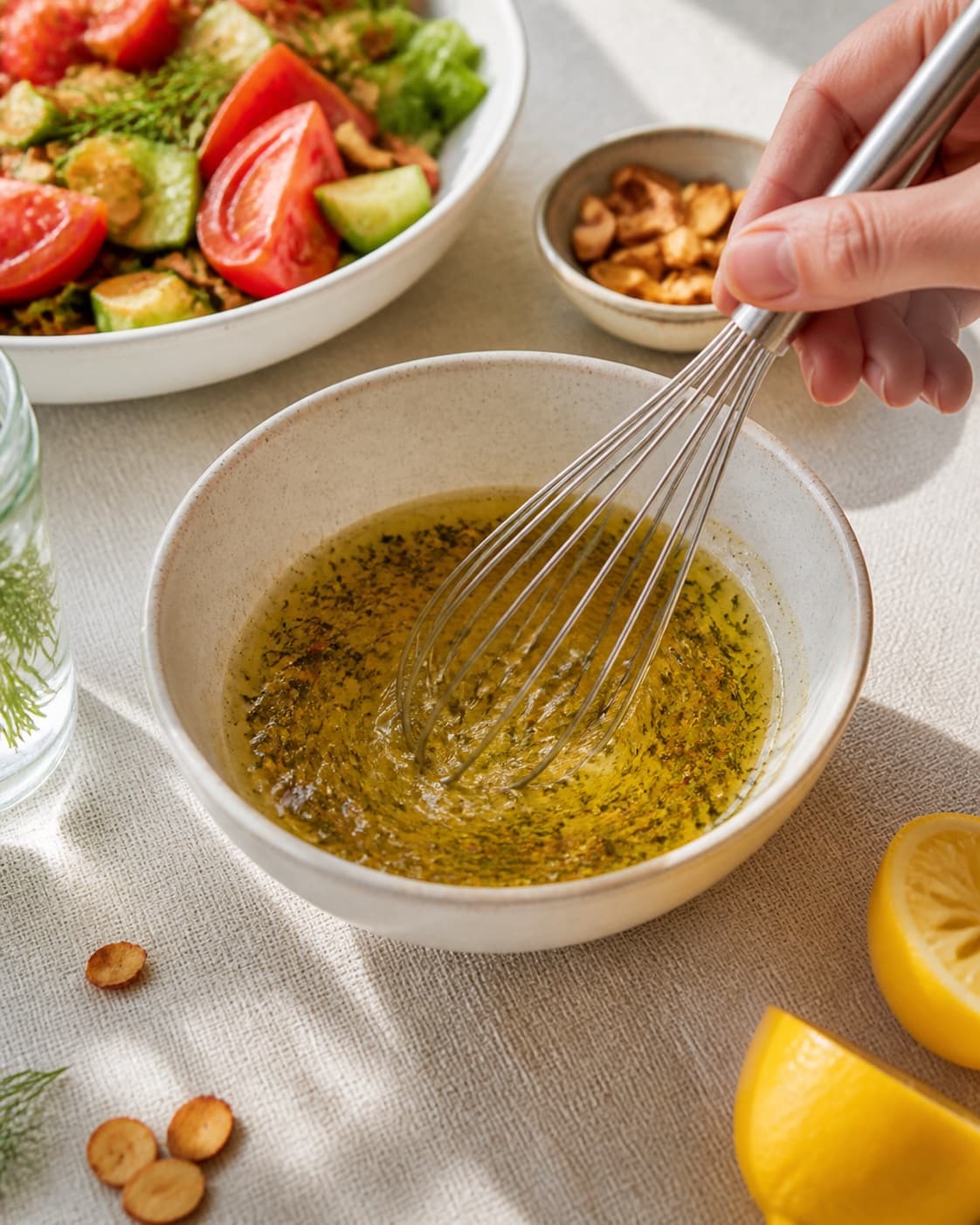 Dressing for salat med bagte tomater og ristede mandler being whisked until glossy under tilberedningen af salat med bagte tomater og ristede mandler