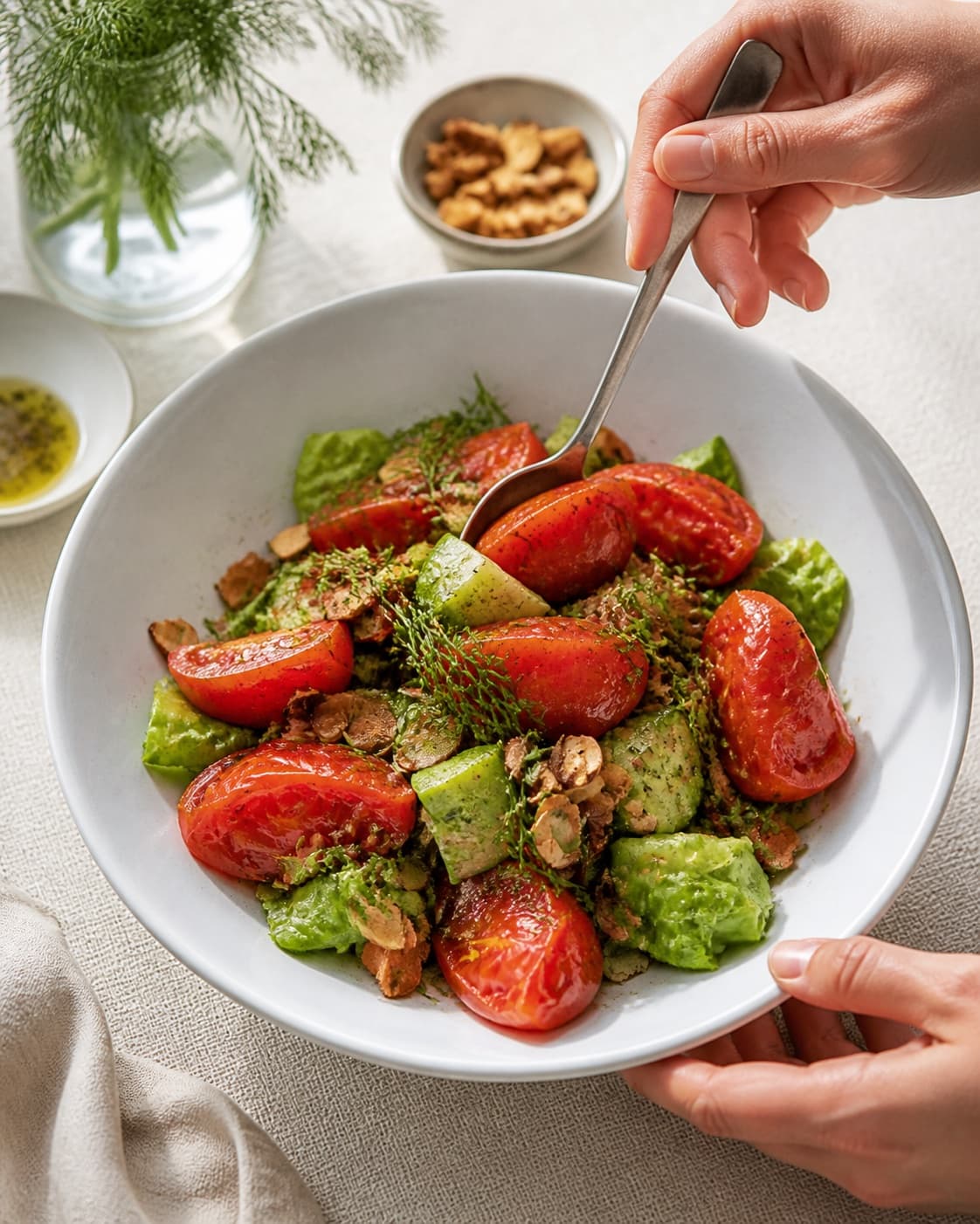salat med bagte tomater og ristede mandler being gently combined without crushing the ingredients under tilberedningen af salat med bagte tomater og ristede mandler