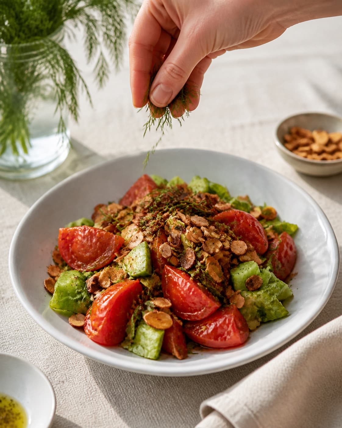 Fresh finished salat med bagte tomater og ristede mandler receiving its final garnish under tilberedningen af salat med bagte tomater og ristede mandler