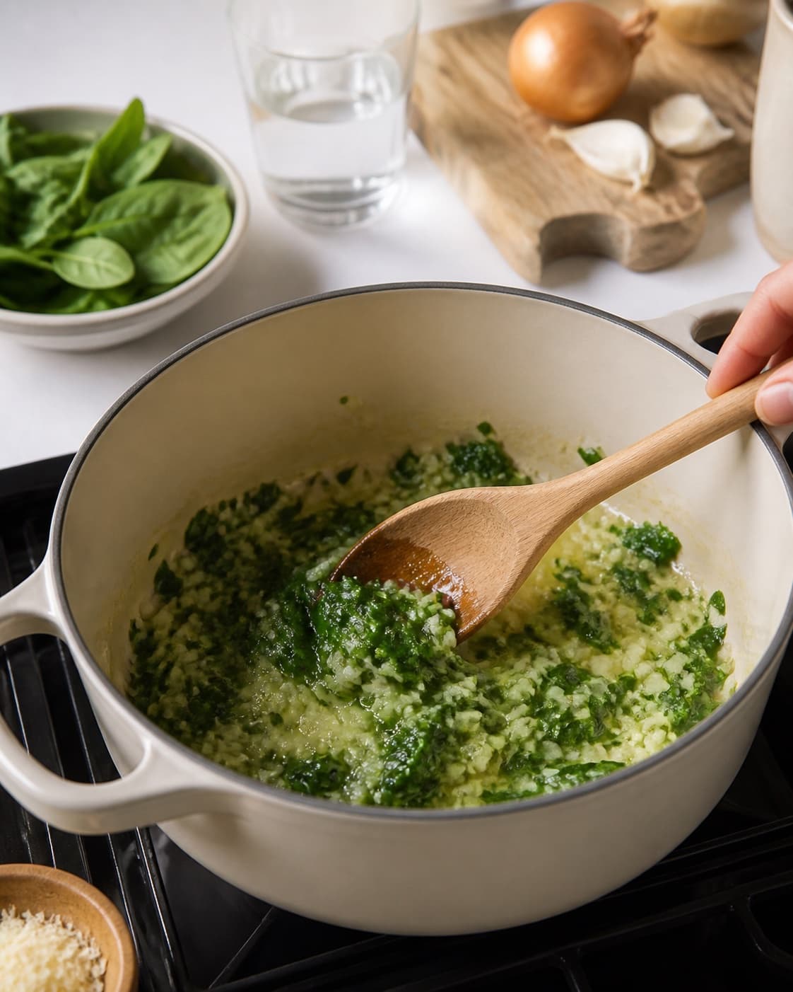 Aromatic base for risotto med spinat gently cooking in a pot under tilberedningen af risotto med spinat