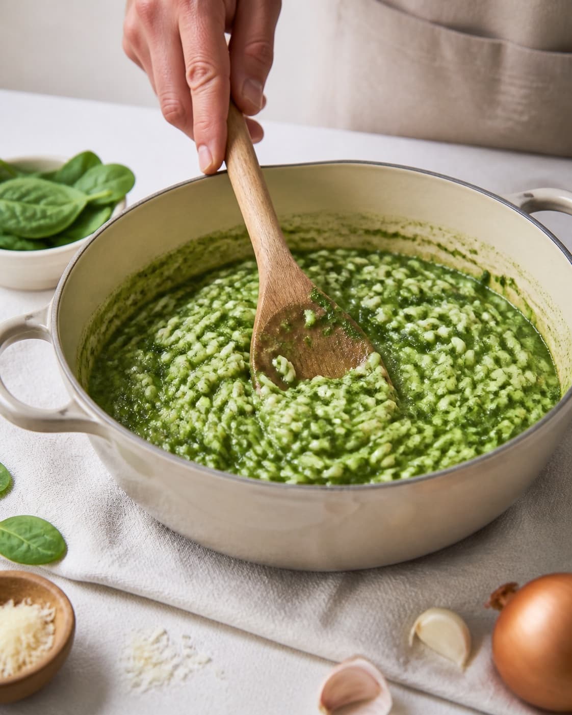The texture of risotto med spinat being adjusted in the pot under tilberedningen af risotto med spinat