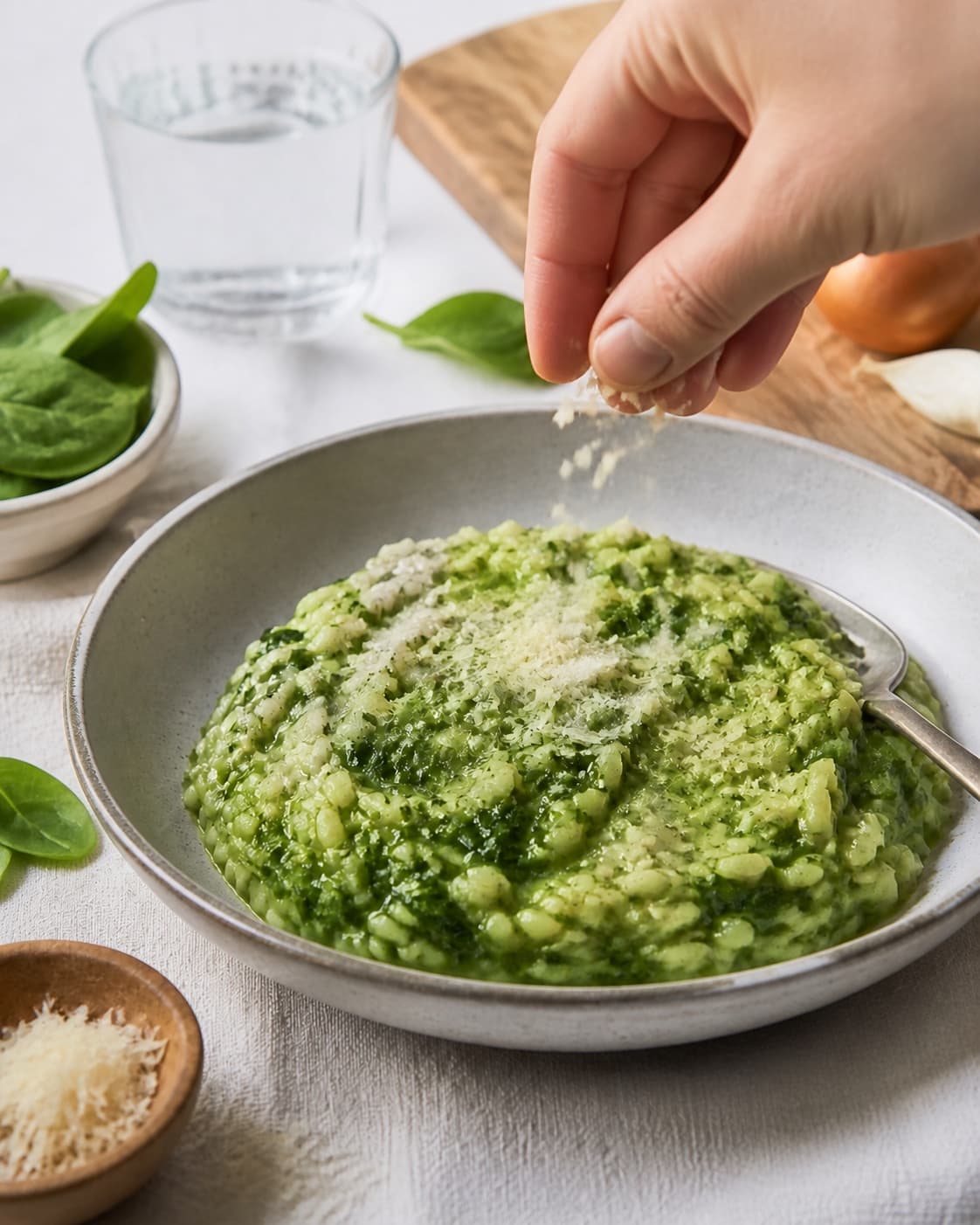 Finished risotto med spinat being served with a fresh restrained garnish under tilberedningen af risotto med spinat