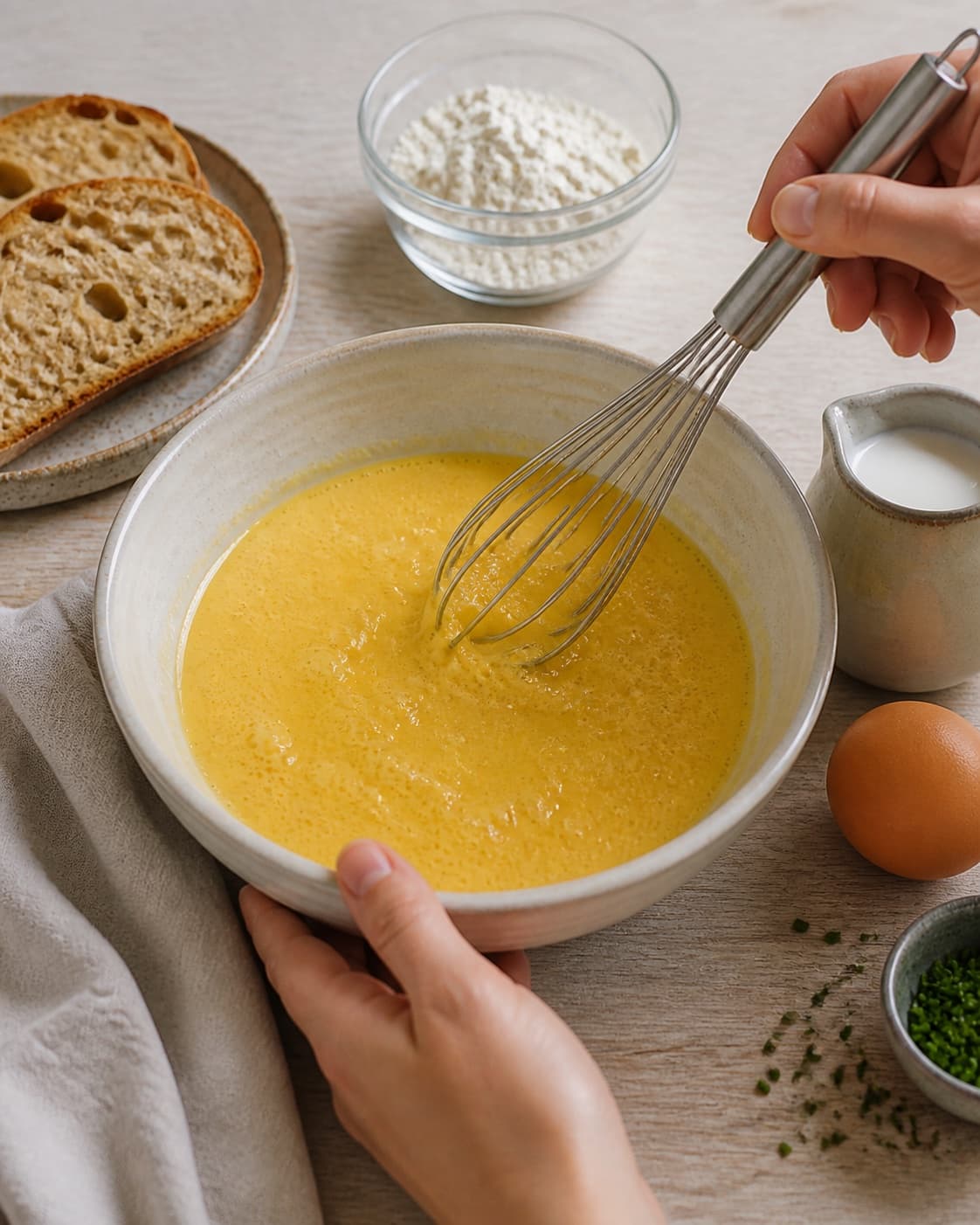 Prepared mixture for de perfekte scrambled eggs – røræg with æg, hvedemel, mælk, rapsolie under tilberedningen af de perfekte scrambled eggs – røræg