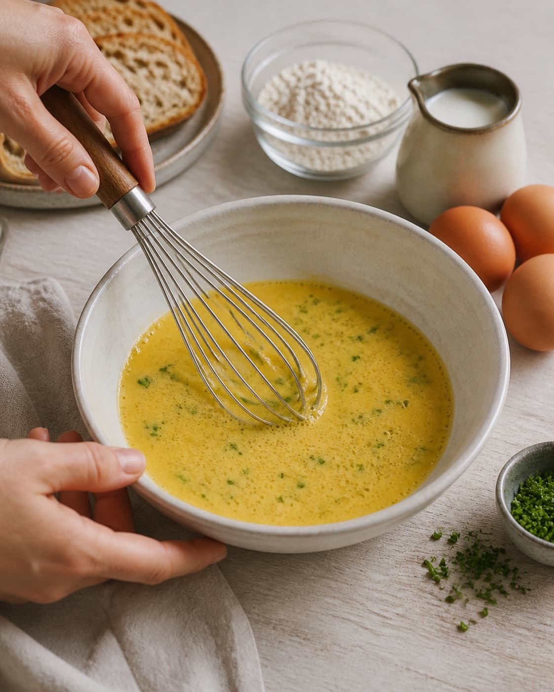 Rested cohesive mixture for de perfekte scrambled eggs – røræg ready for the pan under tilberedningen af de perfekte scrambled eggs – røræg