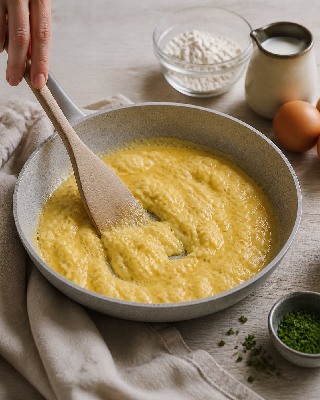 Equal portions of de perfekte scrambled eggs – røræg being formed under tilberedningen af de perfekte scrambled eggs – røræg
