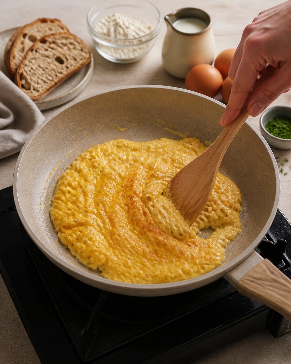 de perfekte scrambled eggs – røræg frying to an even golden crust in a pan under tilberedningen af de perfekte scrambled eggs – røræg