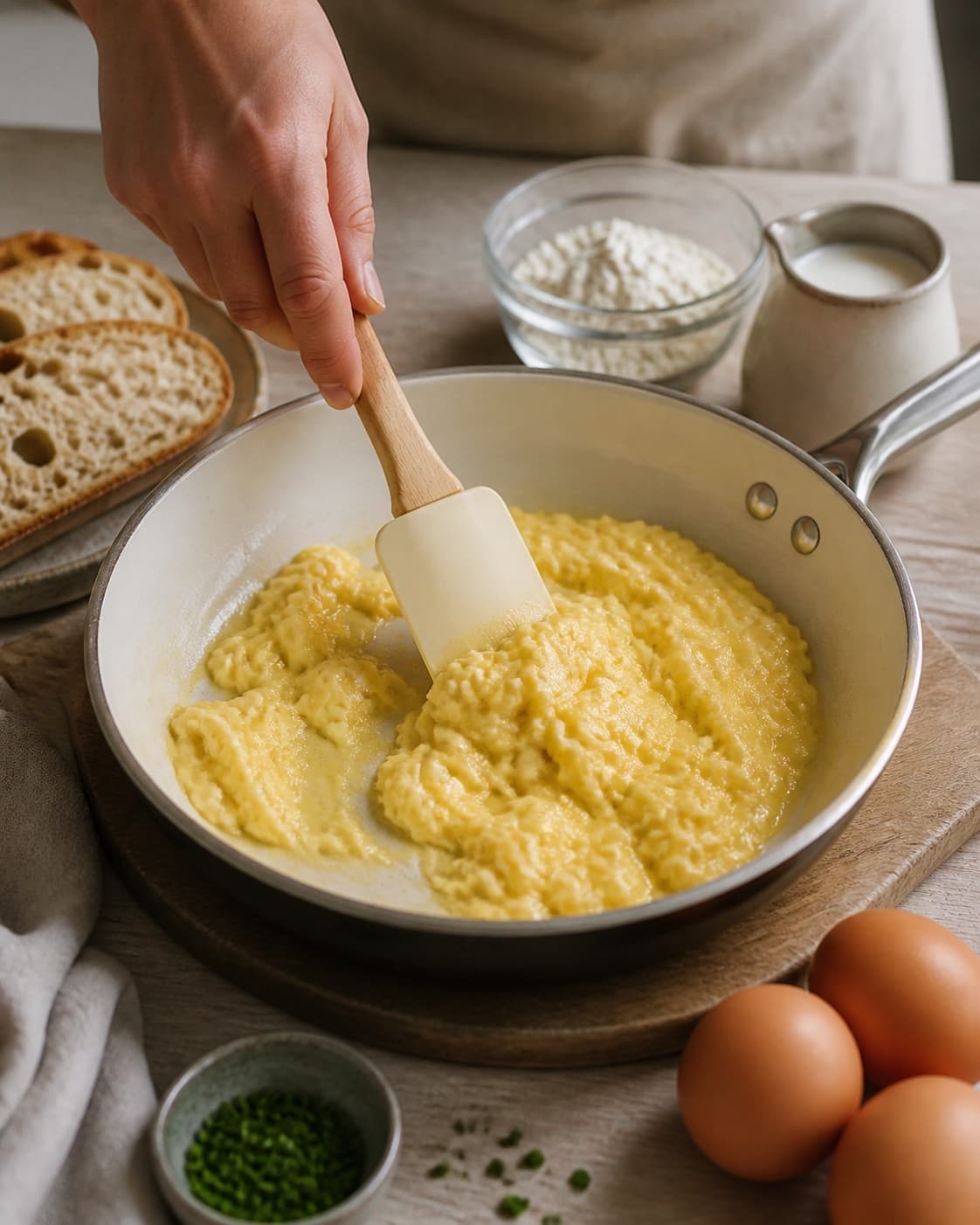 Golden de perfekte scrambled eggs – røræg resting briefly before serving under tilberedningen af de perfekte scrambled eggs – røræg
