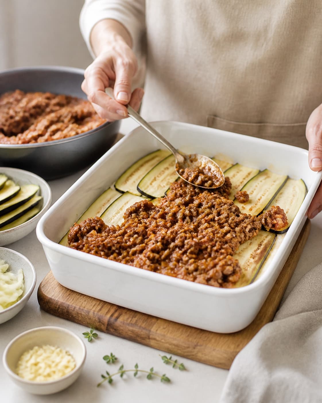 Mise en place for vegetar moussaka with kogte grønne linser, hakket oksekød, zittauerløg, hvidløg under tilberedningen af vegetar moussaka