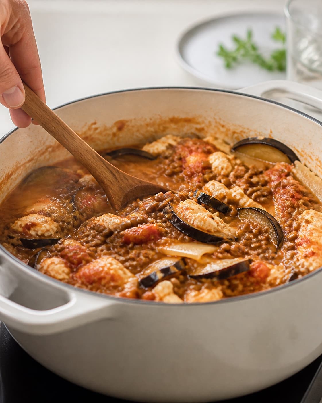 vegetar moussaka gently simmering with visible ingredients under tilberedningen af vegetar moussaka