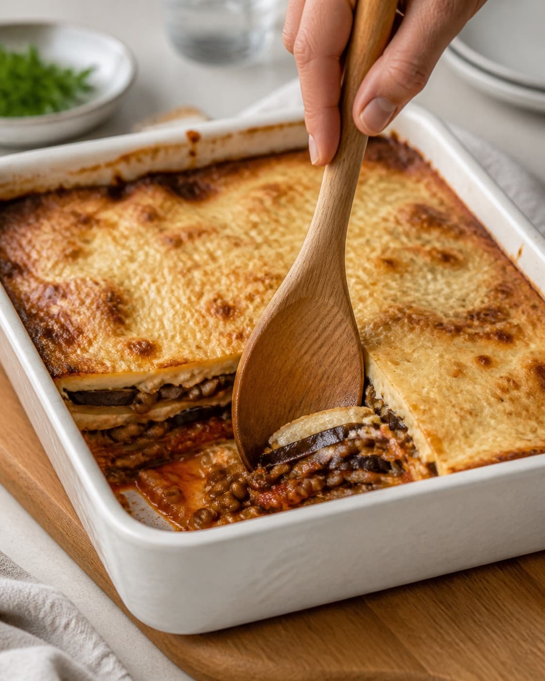 The texture of vegetar moussaka being adjusted in the pot under tilberedningen af vegetar moussaka