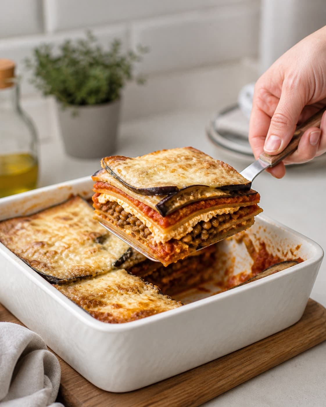 Finished vegetar moussaka being served with a fresh restrained garnish under tilberedningen af vegetar moussaka