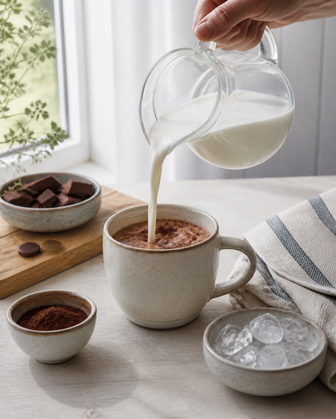 Fresh flavour ingredients for varm chokolade prepared with sødmælk, mørk chokolade, koldt vand eller is, isterninger under tilberedningen af varm chokolade